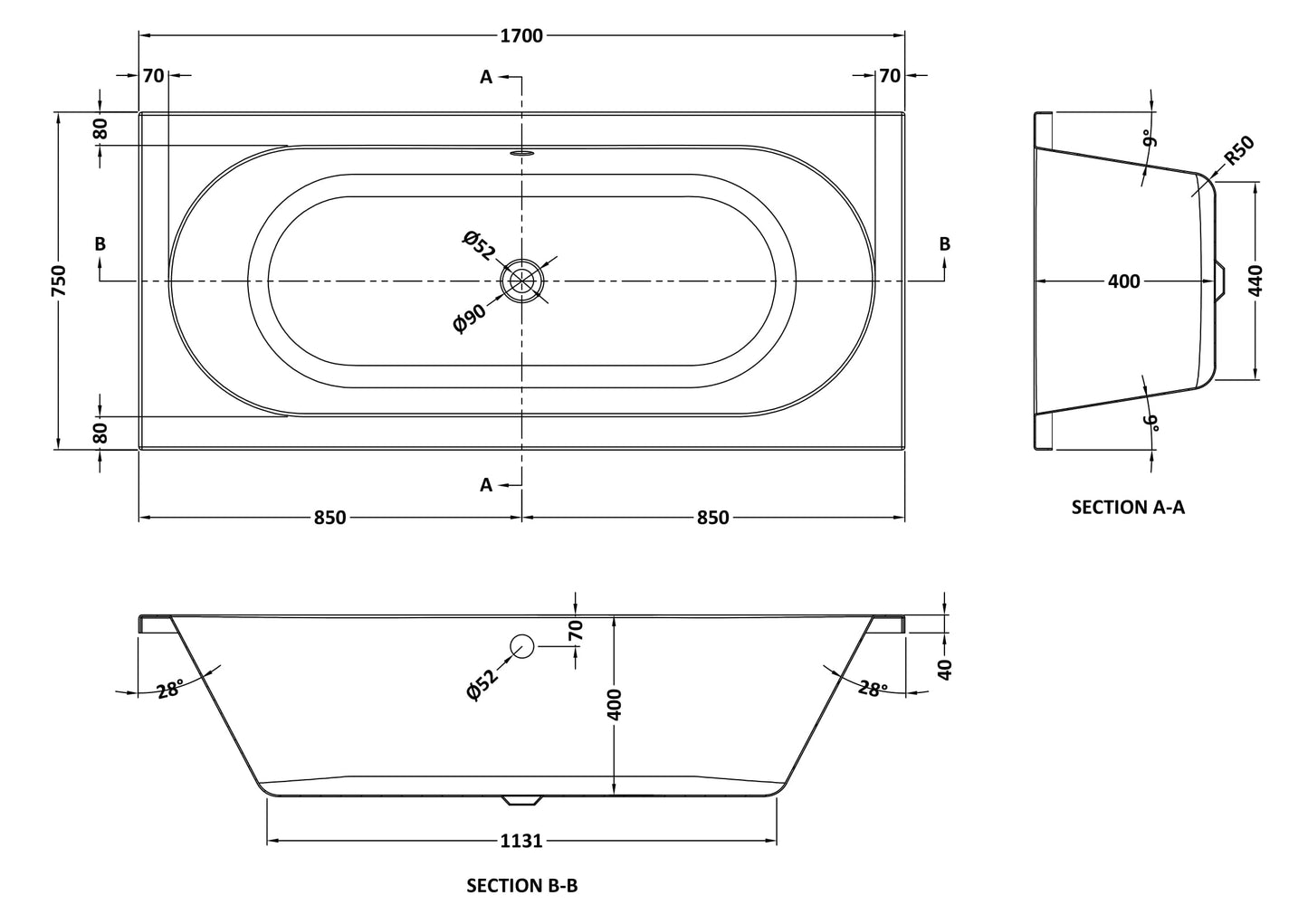 NUIE Round Double Ended Bath 1700 x 750mm