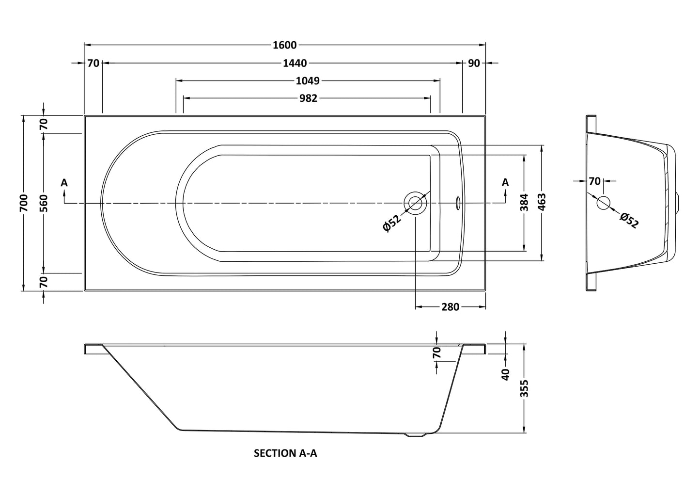 NUIE Standard Single Ended Bath 1600 x 700mm