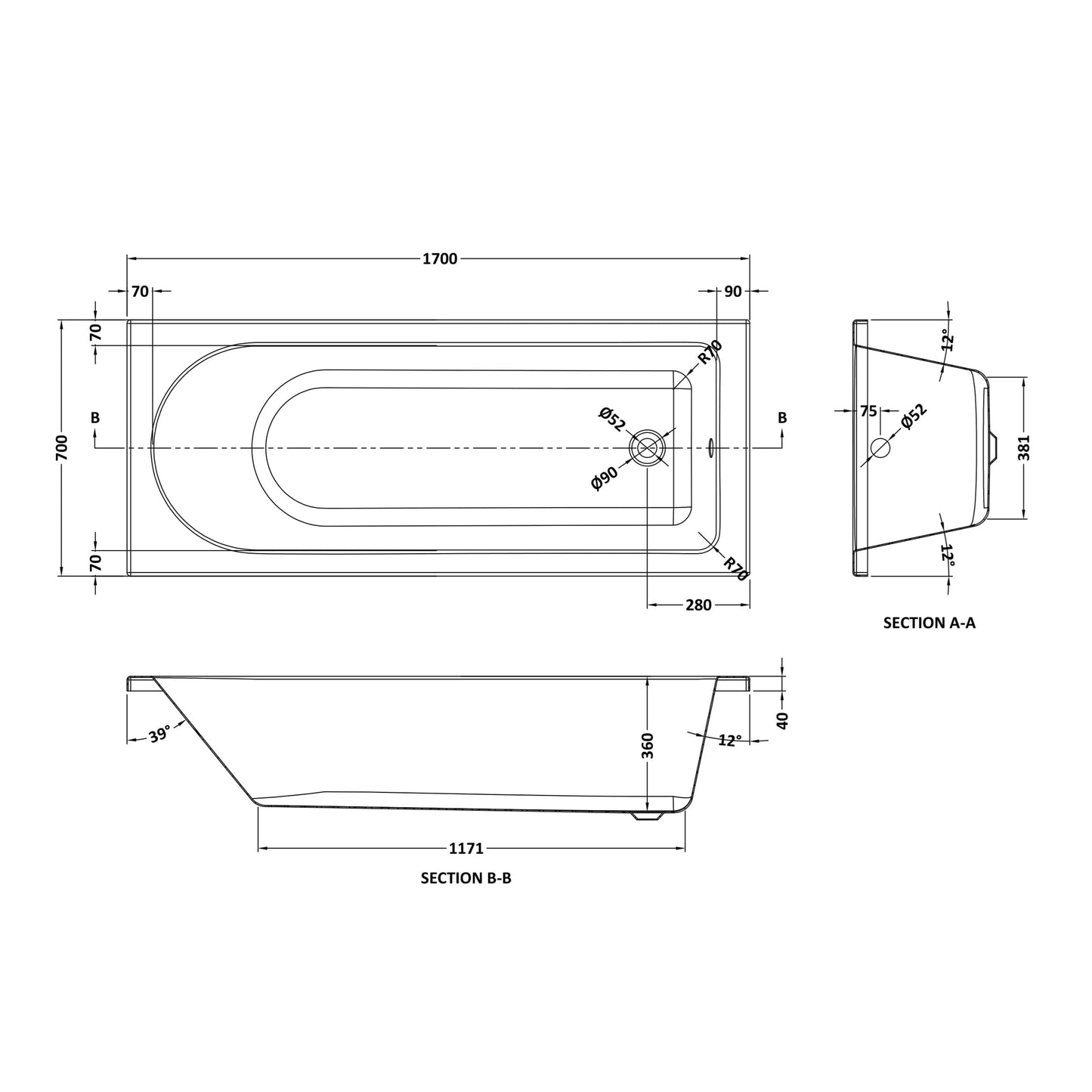 NUIE Standard Single Ended Bath 1700 x 700mm