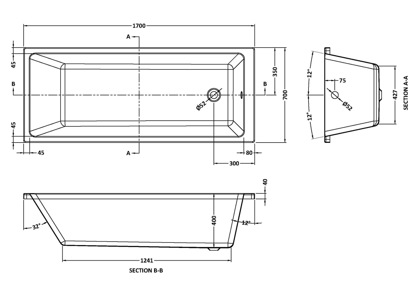 NUIE Thin Edge Single Ended Bath 1700 x 700mm