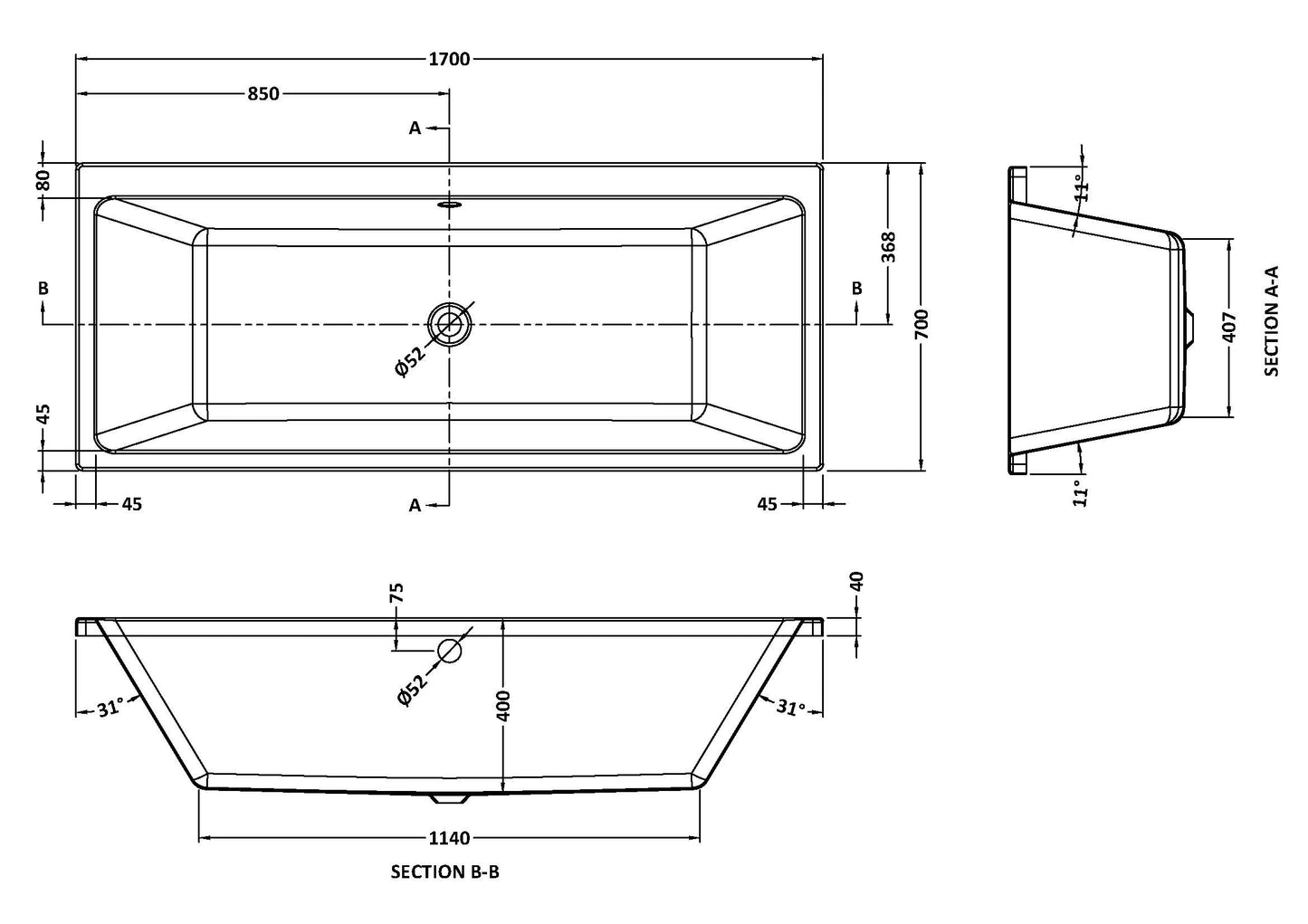 NUIE Thin Edge Double Ended Bath 1700 x 700mm