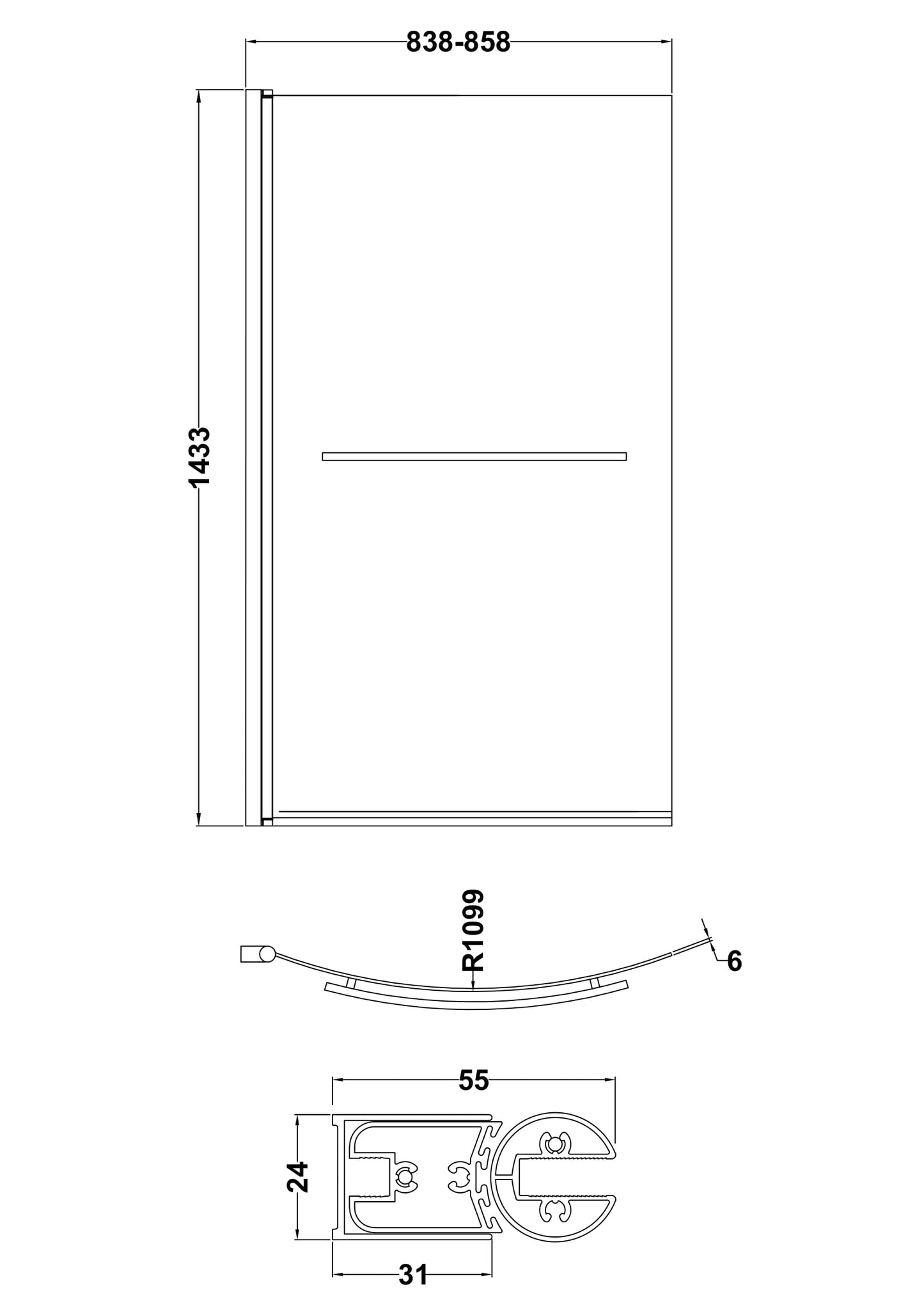 NUIE Curved B-Bath Screen with Rail