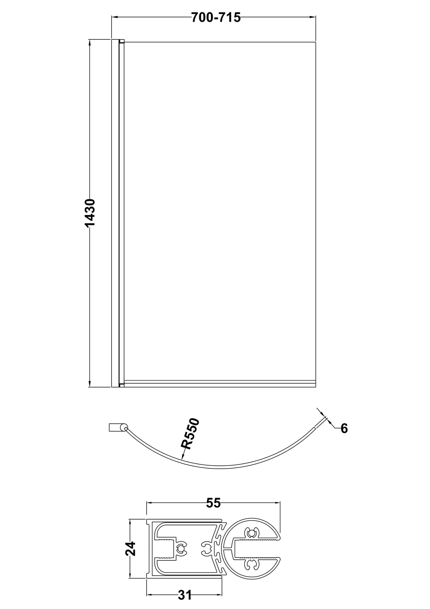 NUIE P' Curved Bath Screen (5mm Glass)