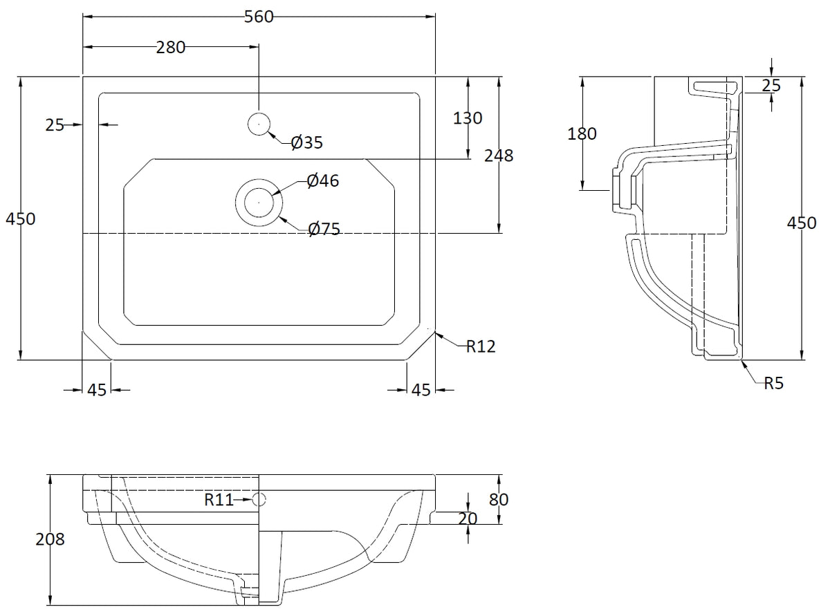 Hudson Reed 560mm Semi Recessed Basin (1 Tap Hole)