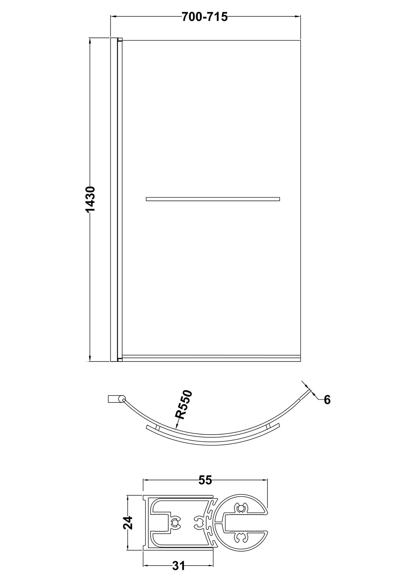 NUIE Curved P-Bath Screen with Rail