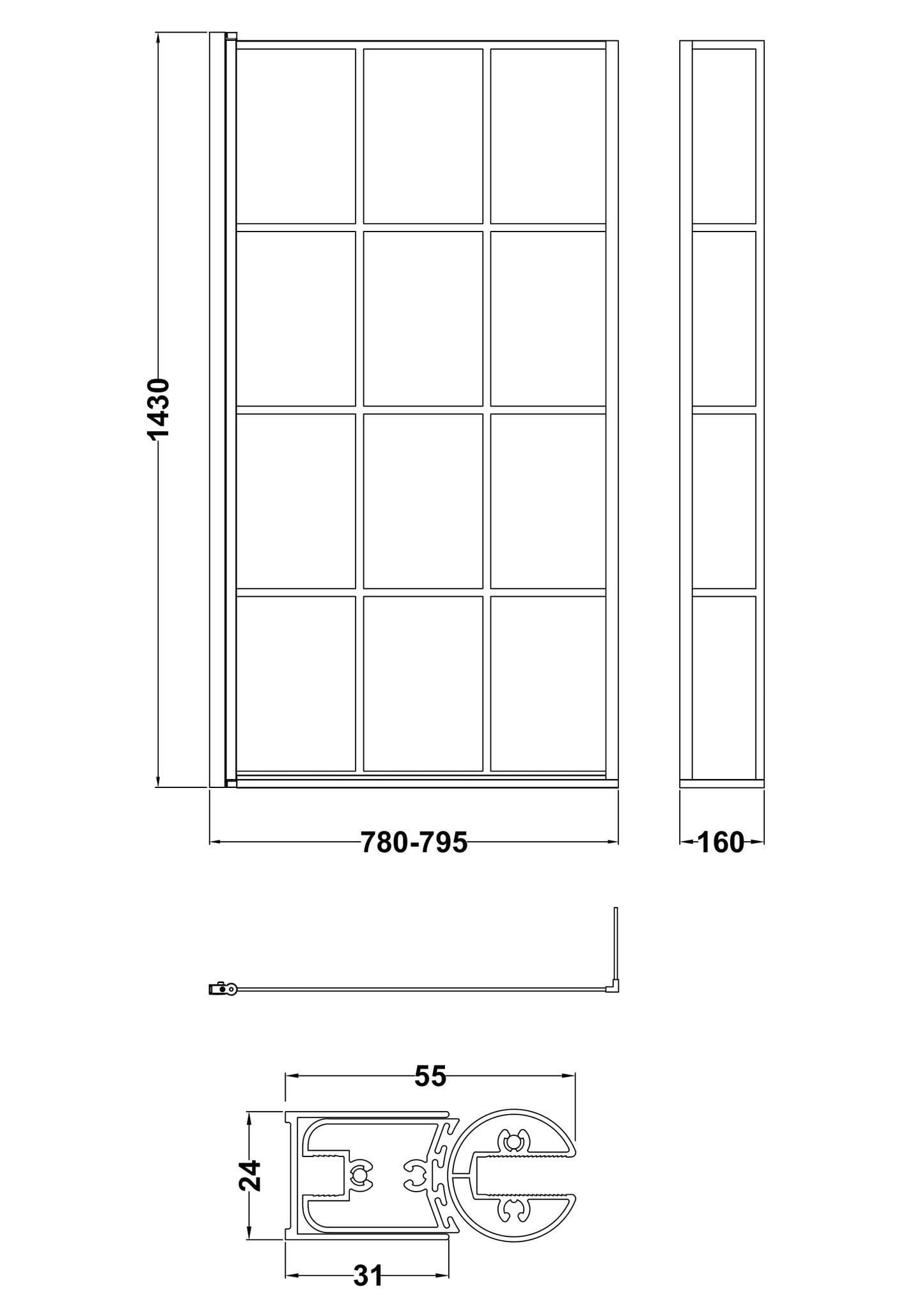 NUIE Square Black Framed Bath Screen With Fixed Return