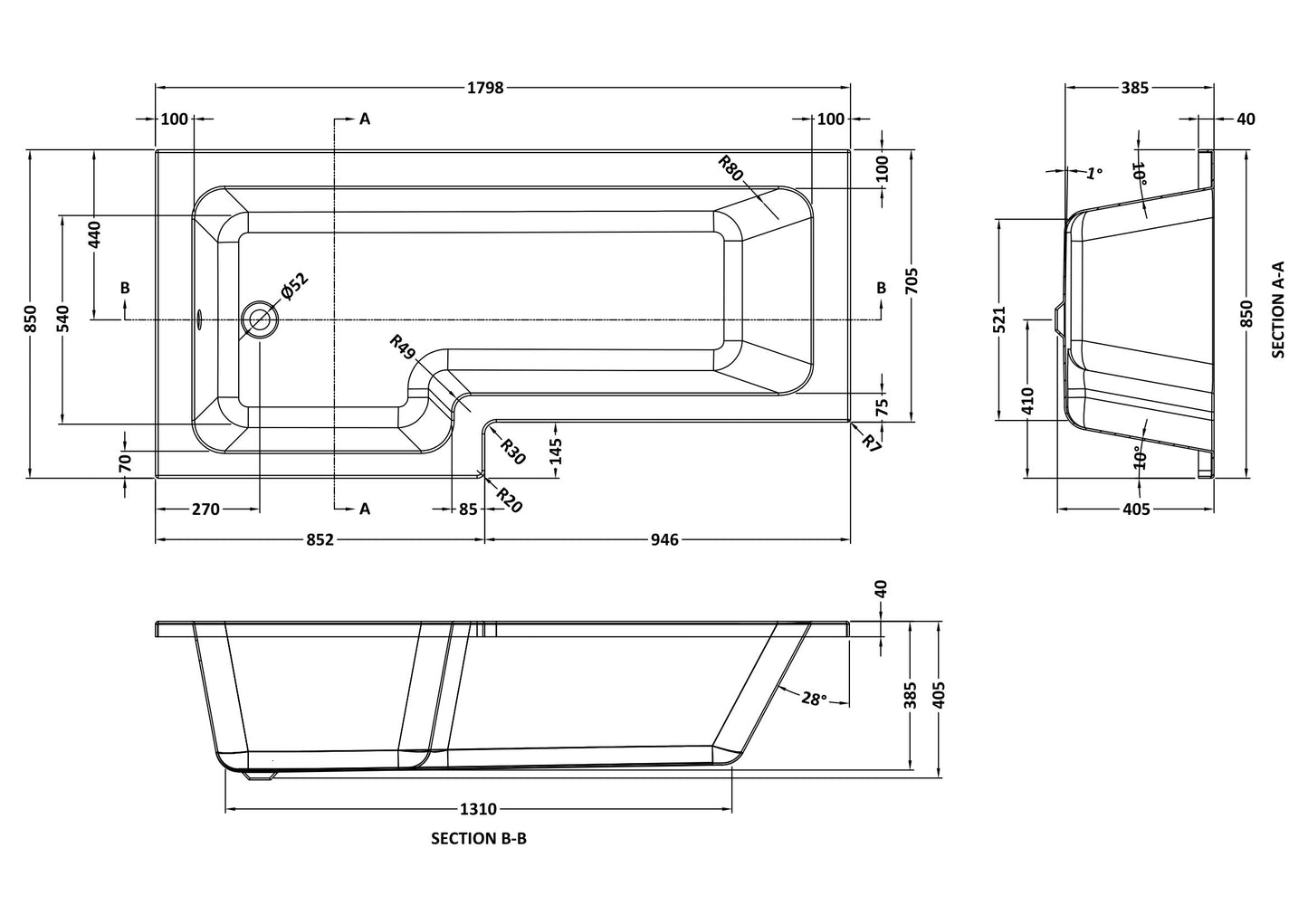 NUIE 1800mm Left Hand Square Shower Bath