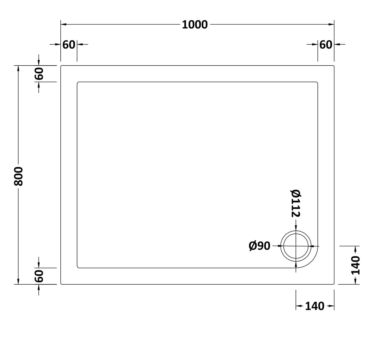 NUIE Slip Resistant Rectangular Shower Tray 1000 x 800mm