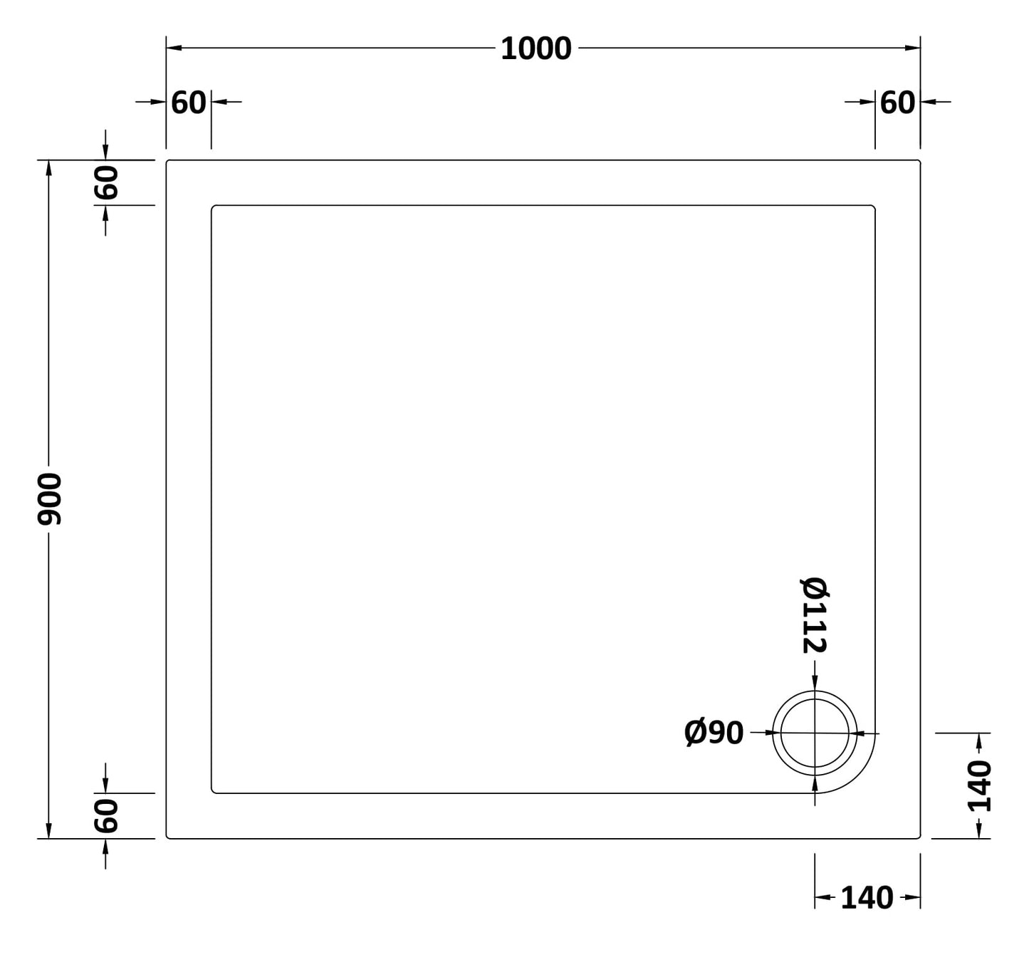 NUIE Slip Resistant Rectangular Shower Tray 1000 x 900mm