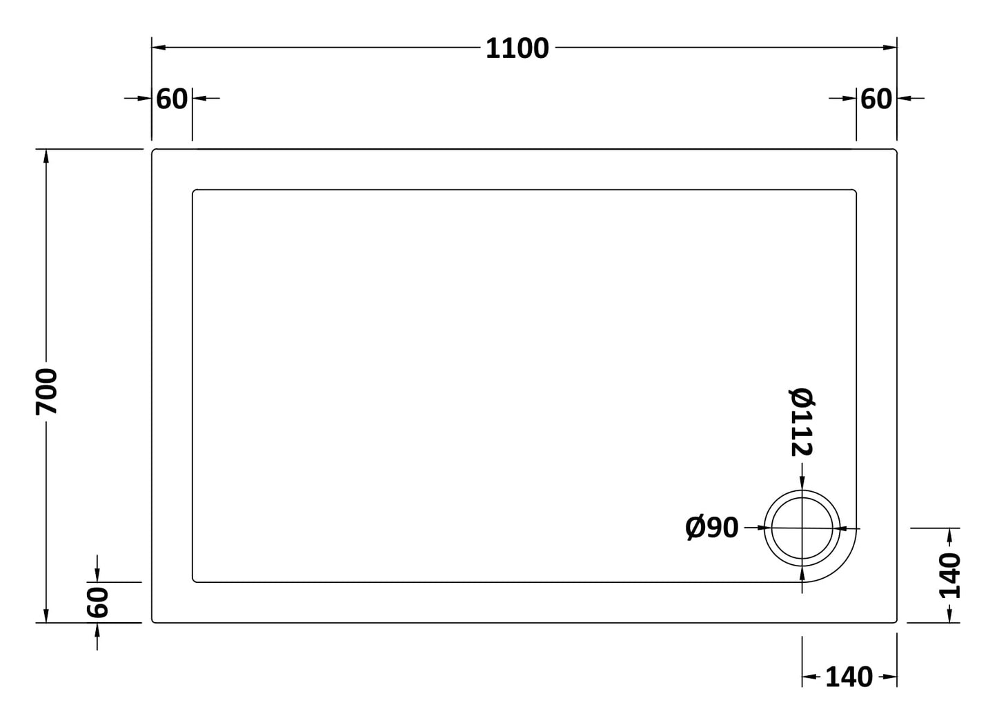 NUIE Slip Resistant Rectangular Shower Tray 1100 x 700mm