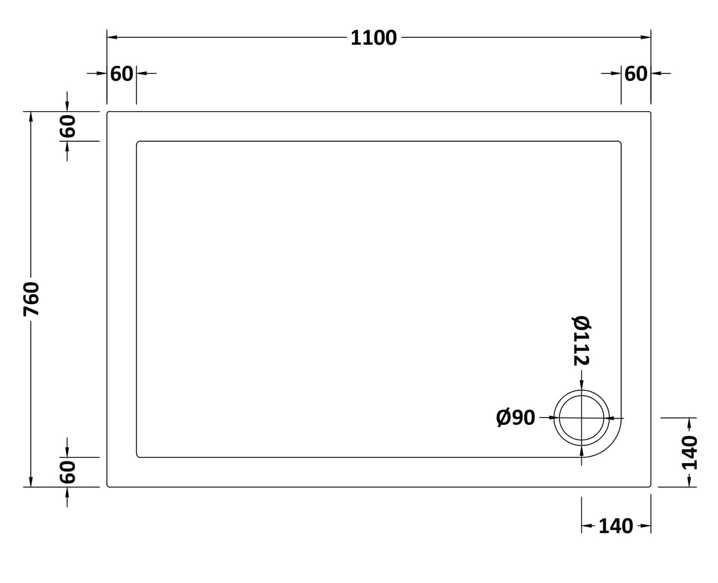 NUIE Slip Resistant Rectangular Shower Tray 1100 x 760mm