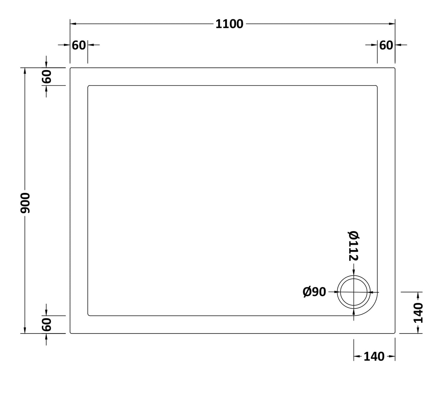 NUIE Slip Resistant Rectangular Shower Tray 1100 x 900mm