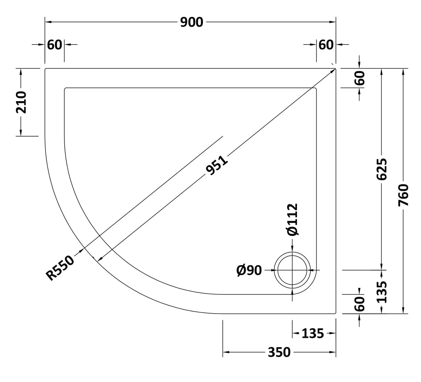 NUIE Slip Resistant Offset Quadrant Shower Tray LH 900 x 760mm