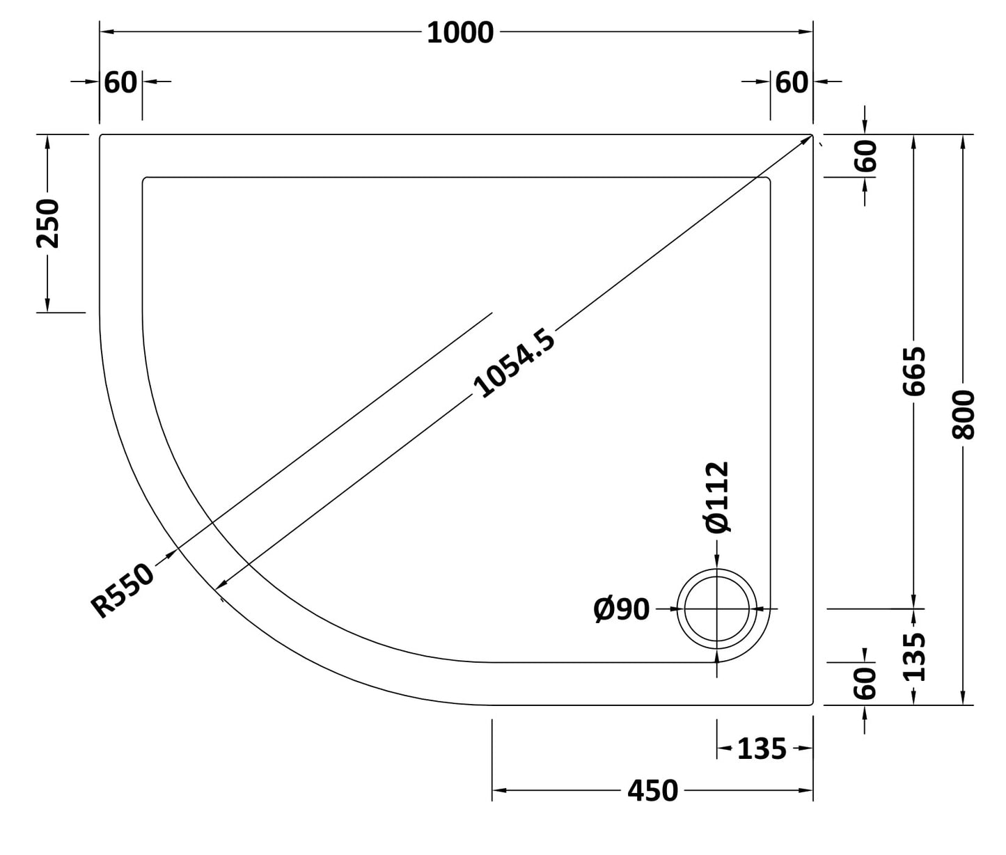 NUIE Slip Resistant Offset Quadrant Shower Tray LH 1000 x 800mm