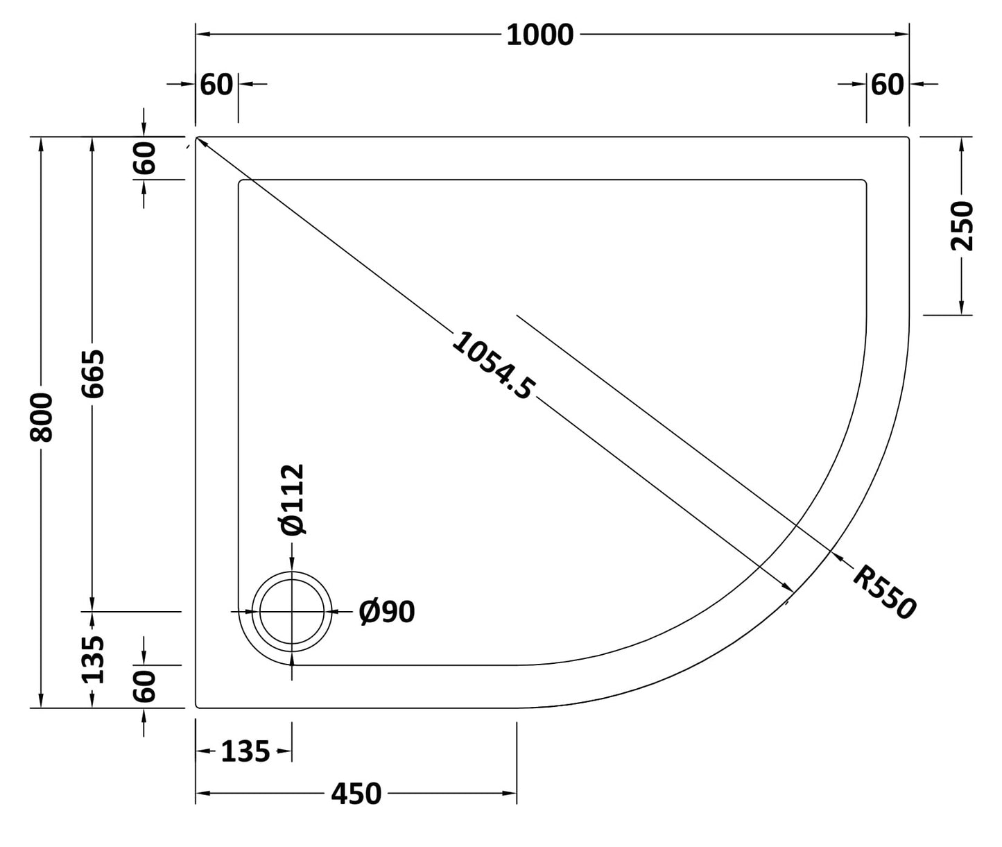 NUIE Slip Resistant Offset Quadrant Shower Tray RH 1000 x 800mm