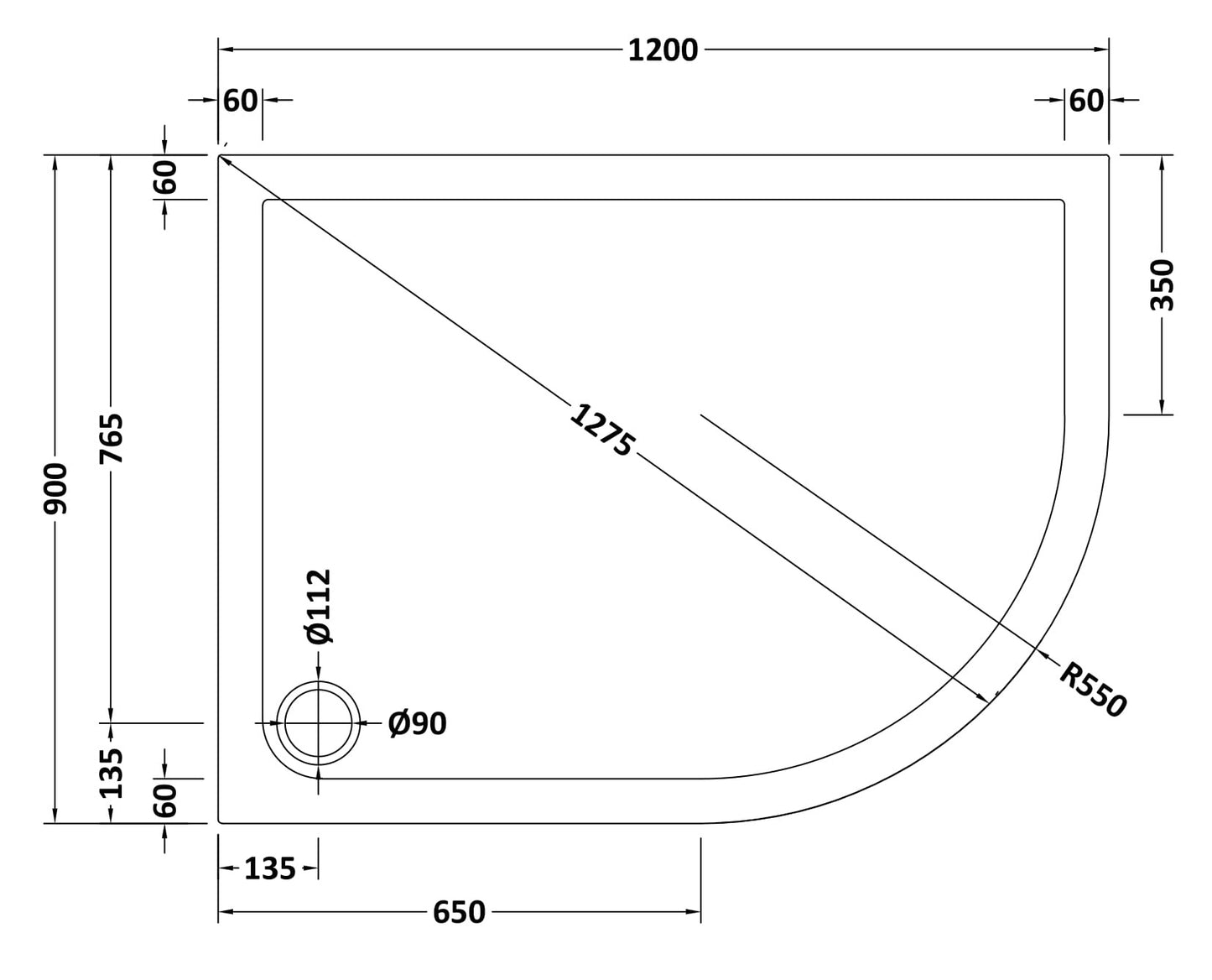 NUIE Slip Resistant Offset Quadrant Shower Tray RH 1200 x 900mm