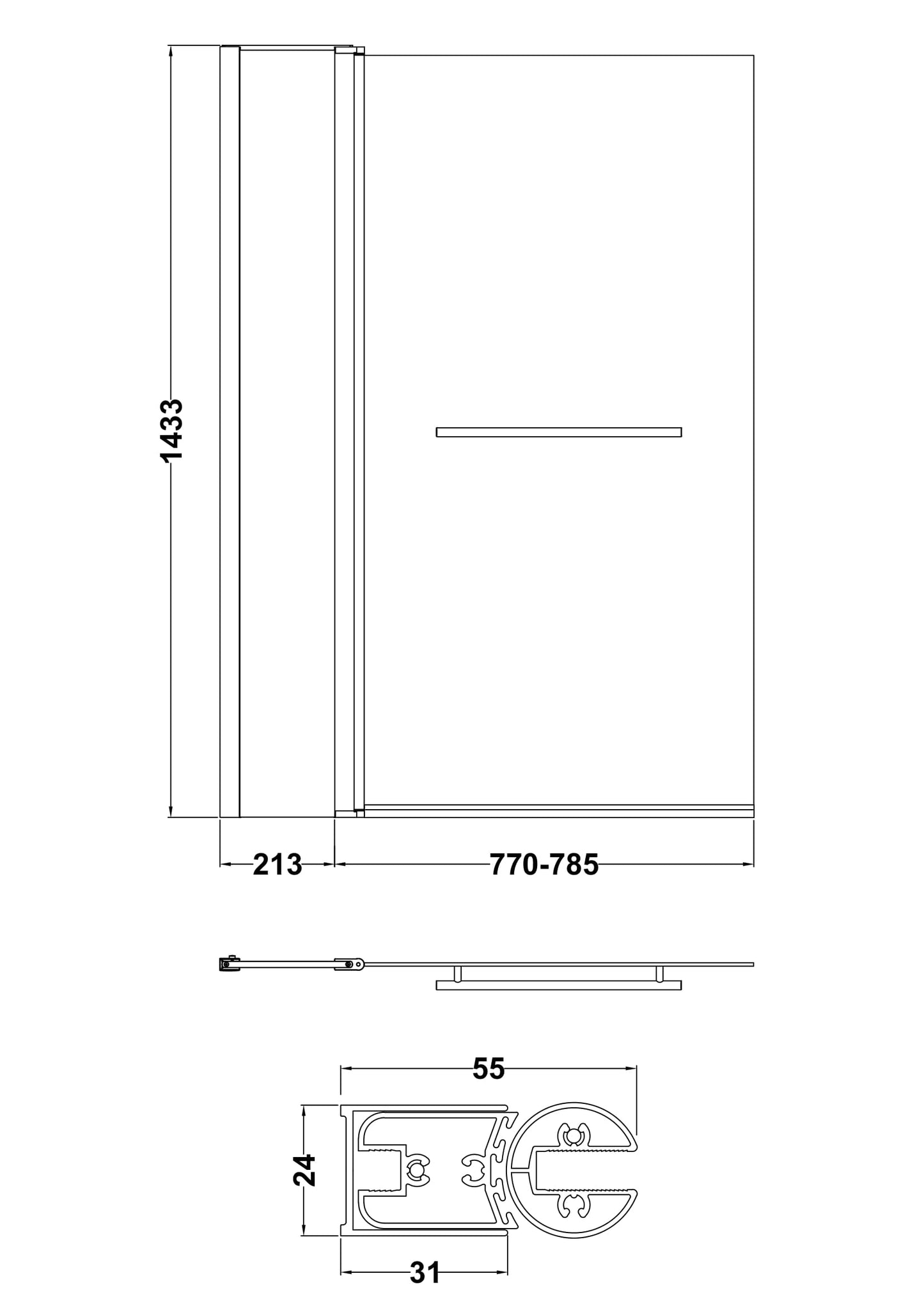 NUIE Square Bath Screen With Fixed Panel & Rail
