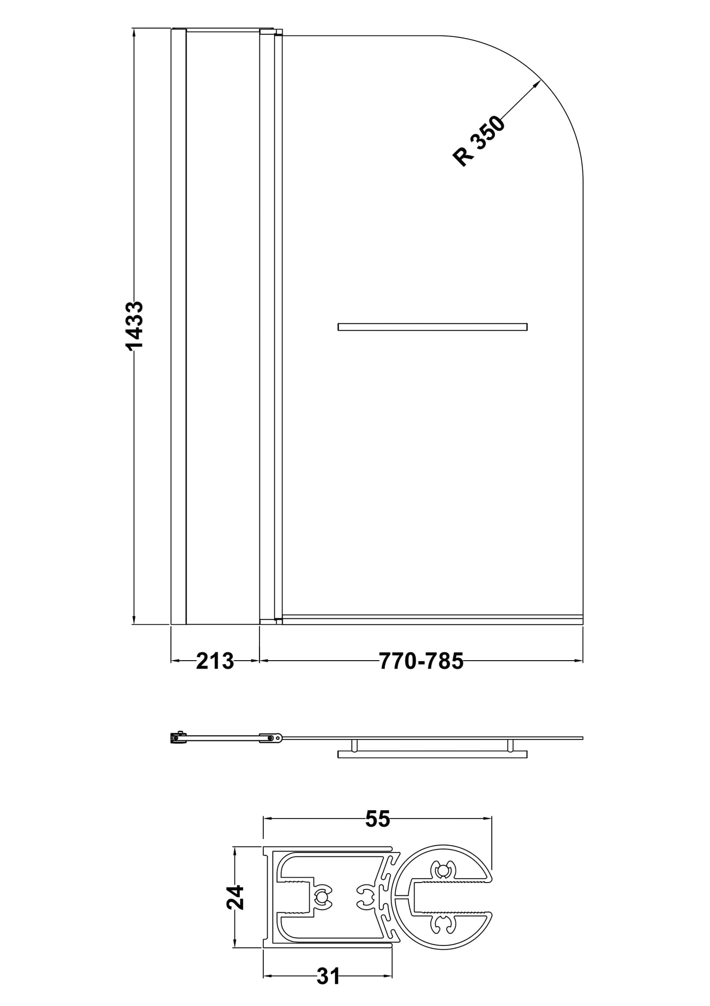 NUIE Round Bath Screen Fixed Panel & Rail