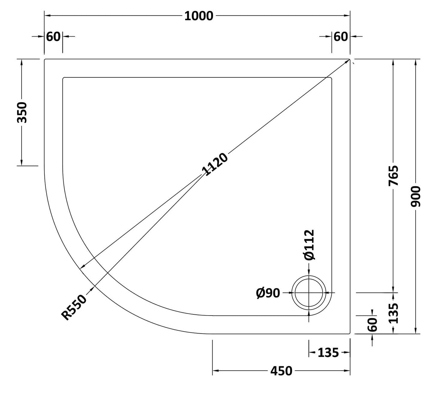 NUIE Offset Quad Shower Tray 1000 x 900mm LH