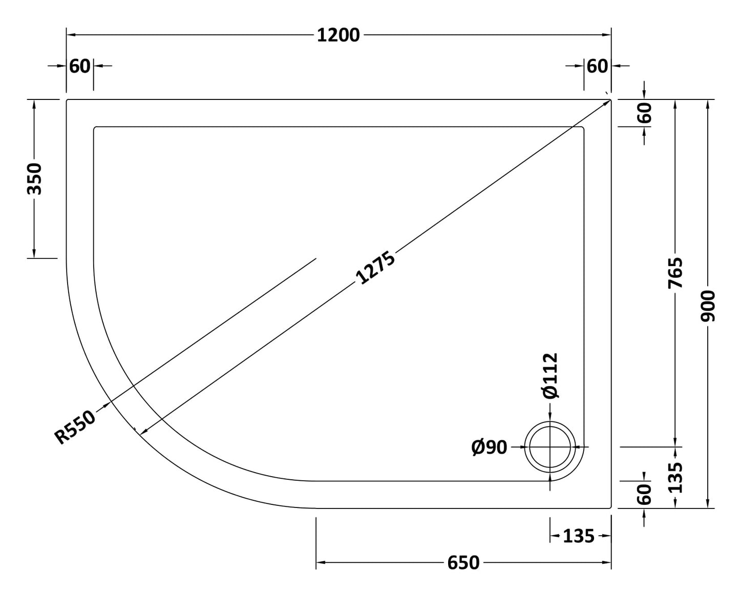 NUIE Offset Quad Shower Tray LH 1200 x 900mm