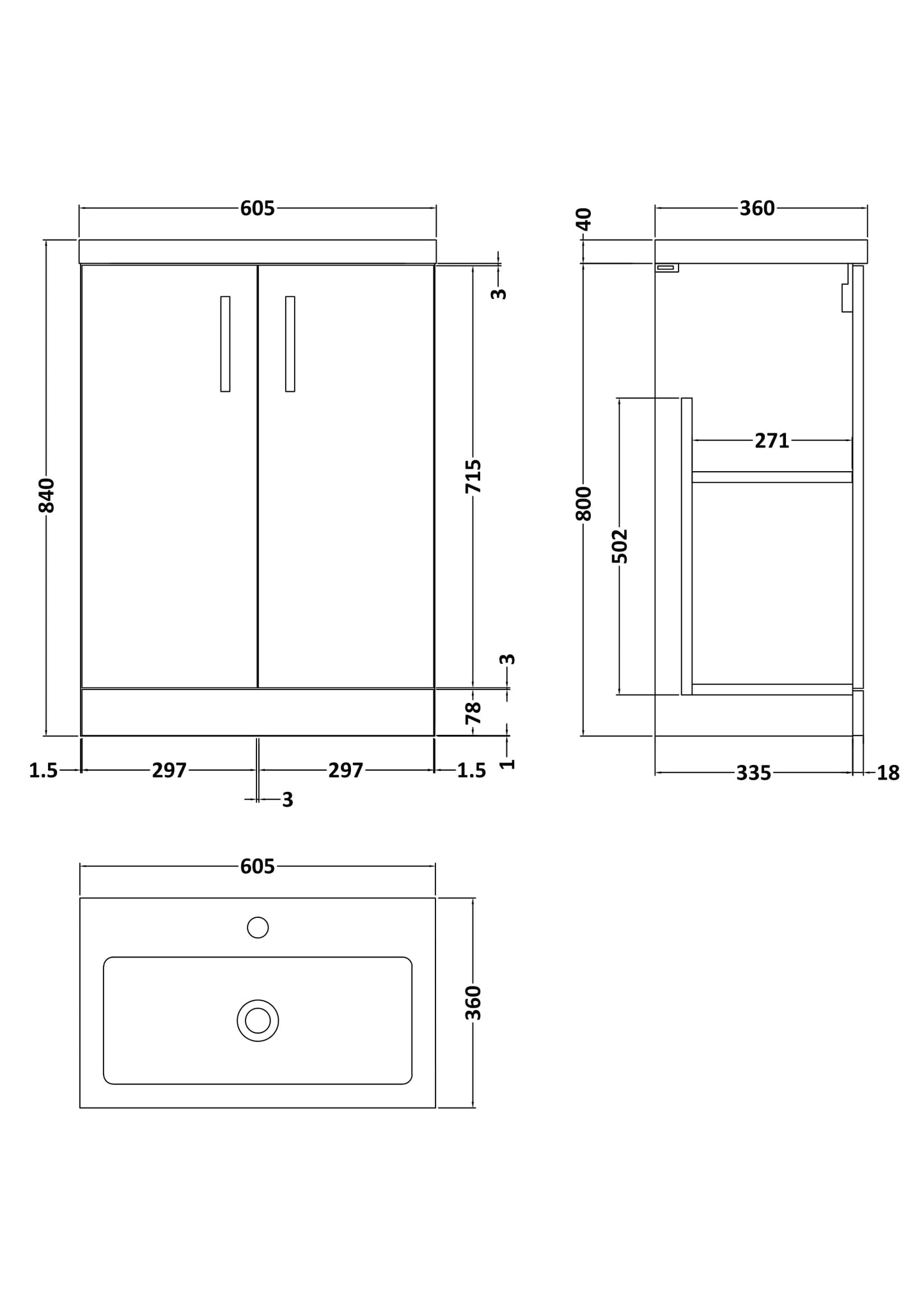 NUIE 600mm Floor Standing 2-Door Vanity & Polymarble Basin