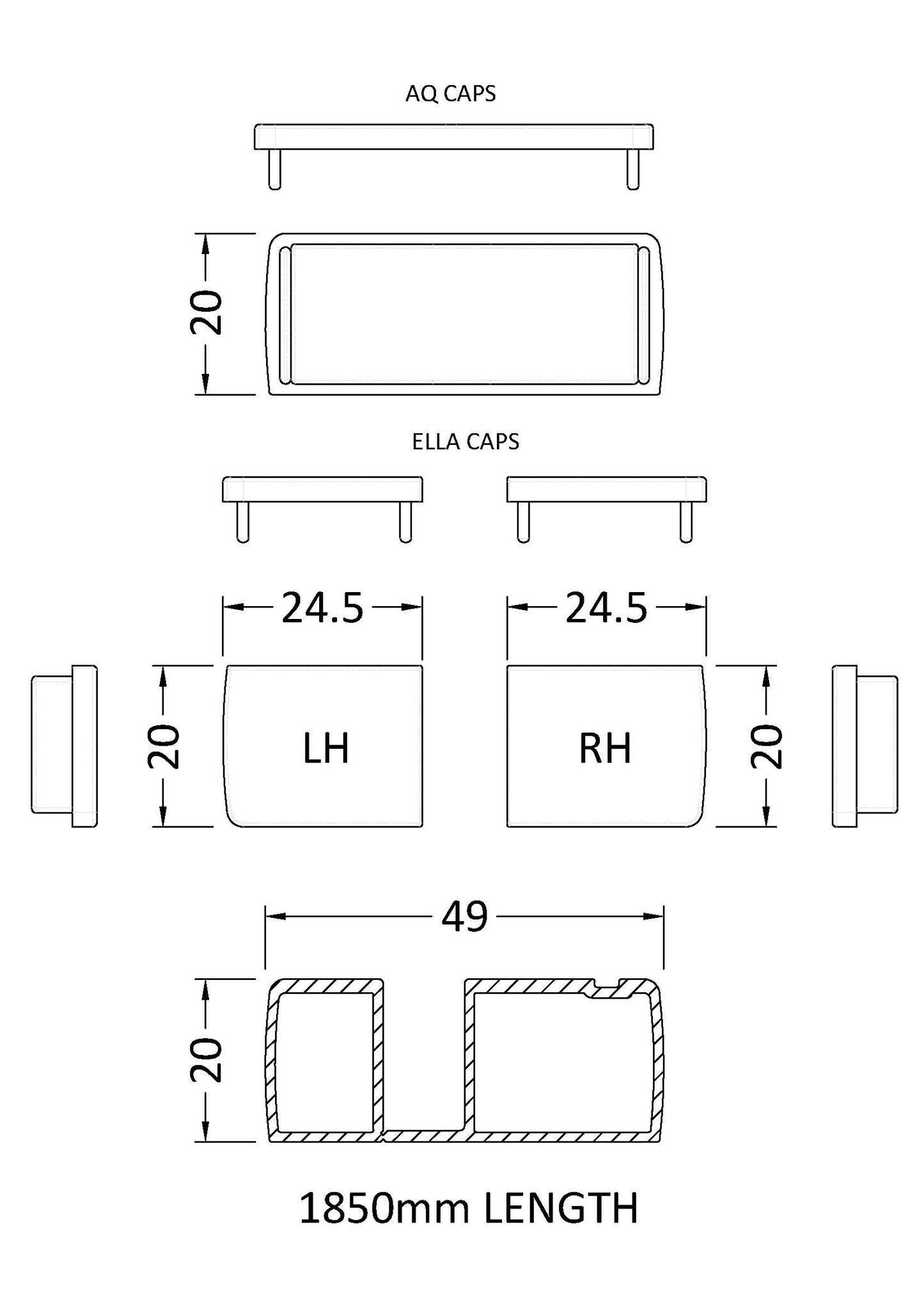 NUIE 1850mm Black Profile Extension Kit