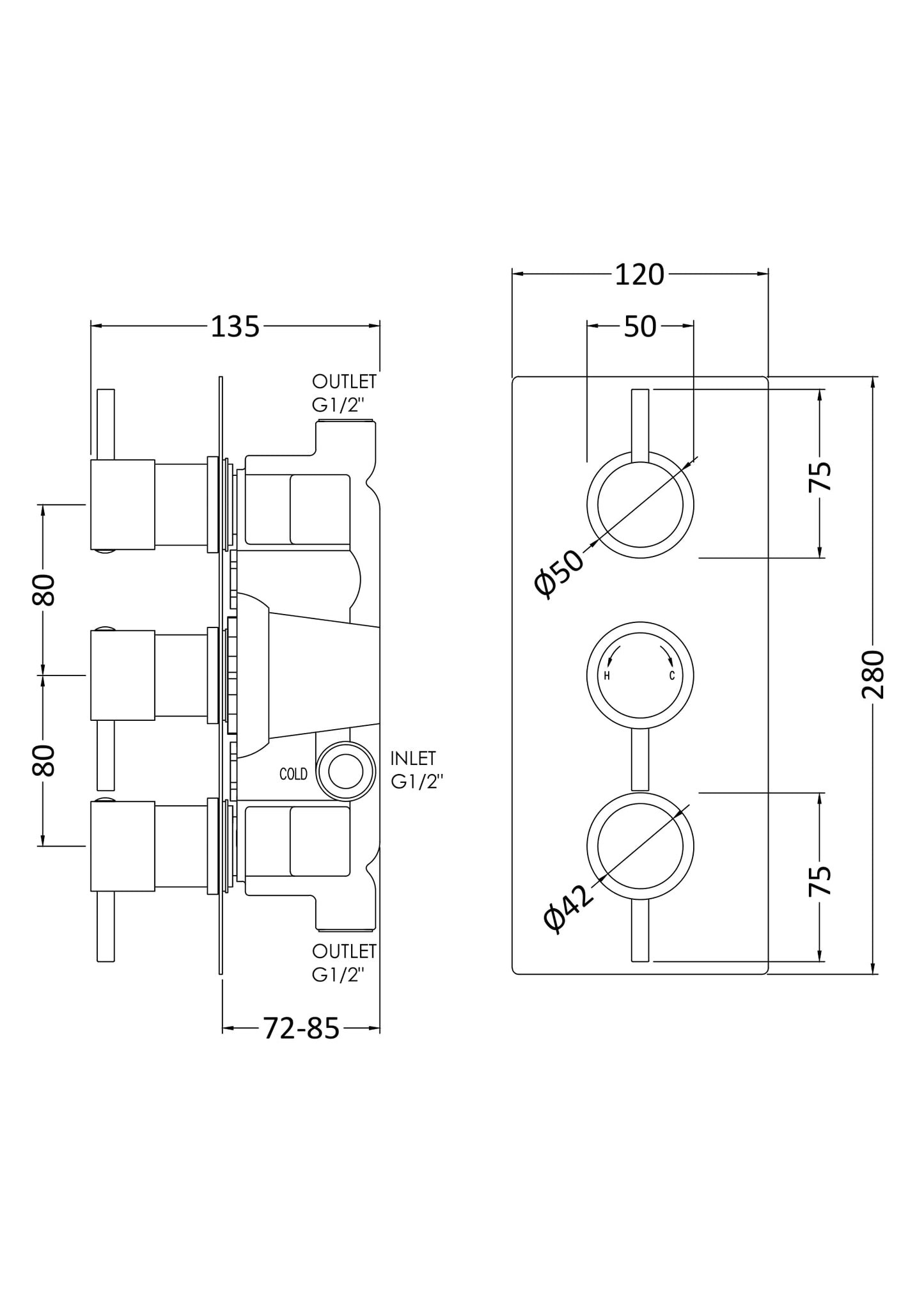 NUIE Triple Thermostatic Shower Valve