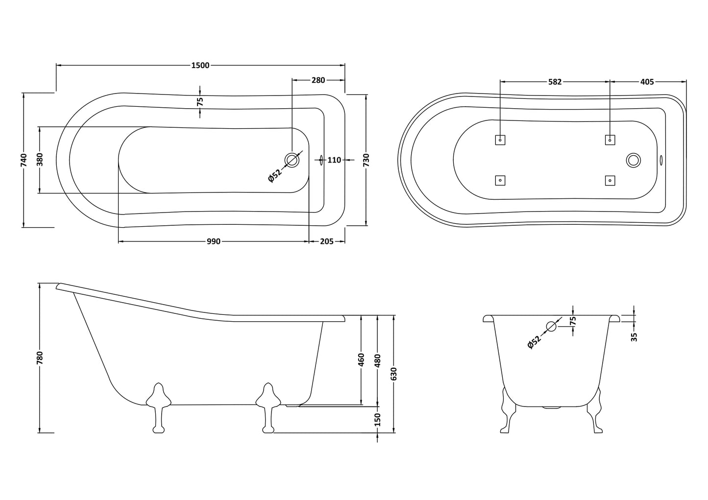 Hudson Reed Freestanding Bath - Deacon Leg Set (1500mm)