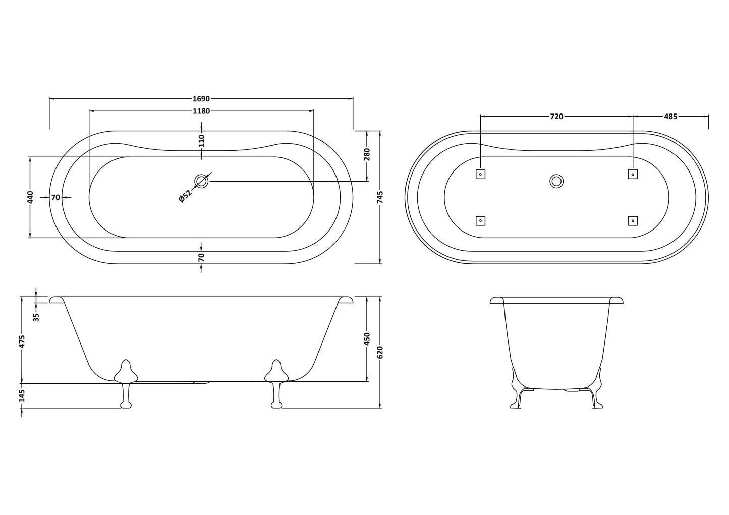 Hudson Reed Freestanding Bath - Deacon Leg Set (1700mm)