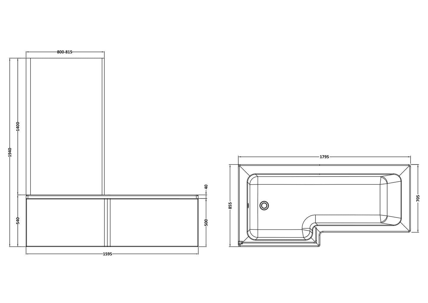 NUIE 1800mm Left Hand Square Shower Bath Set