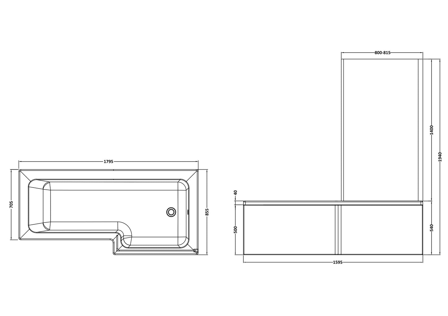 NUIE 1800mm Right Hand Square Shower Bath Set