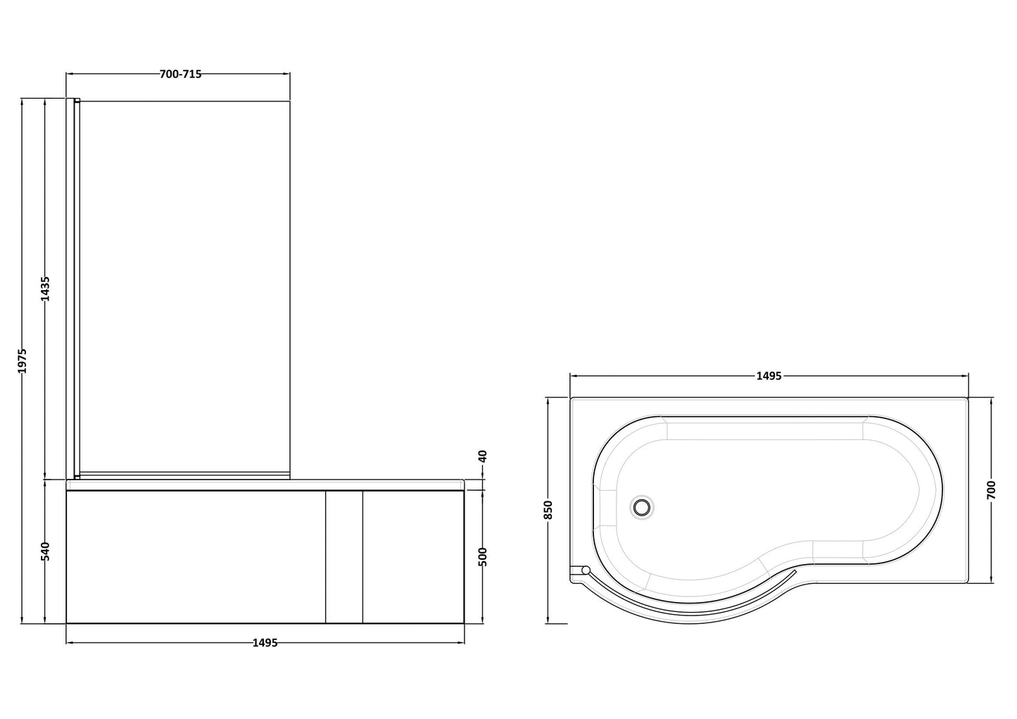 NUIE 1500mm Left Hand P-Shaped Bath Set