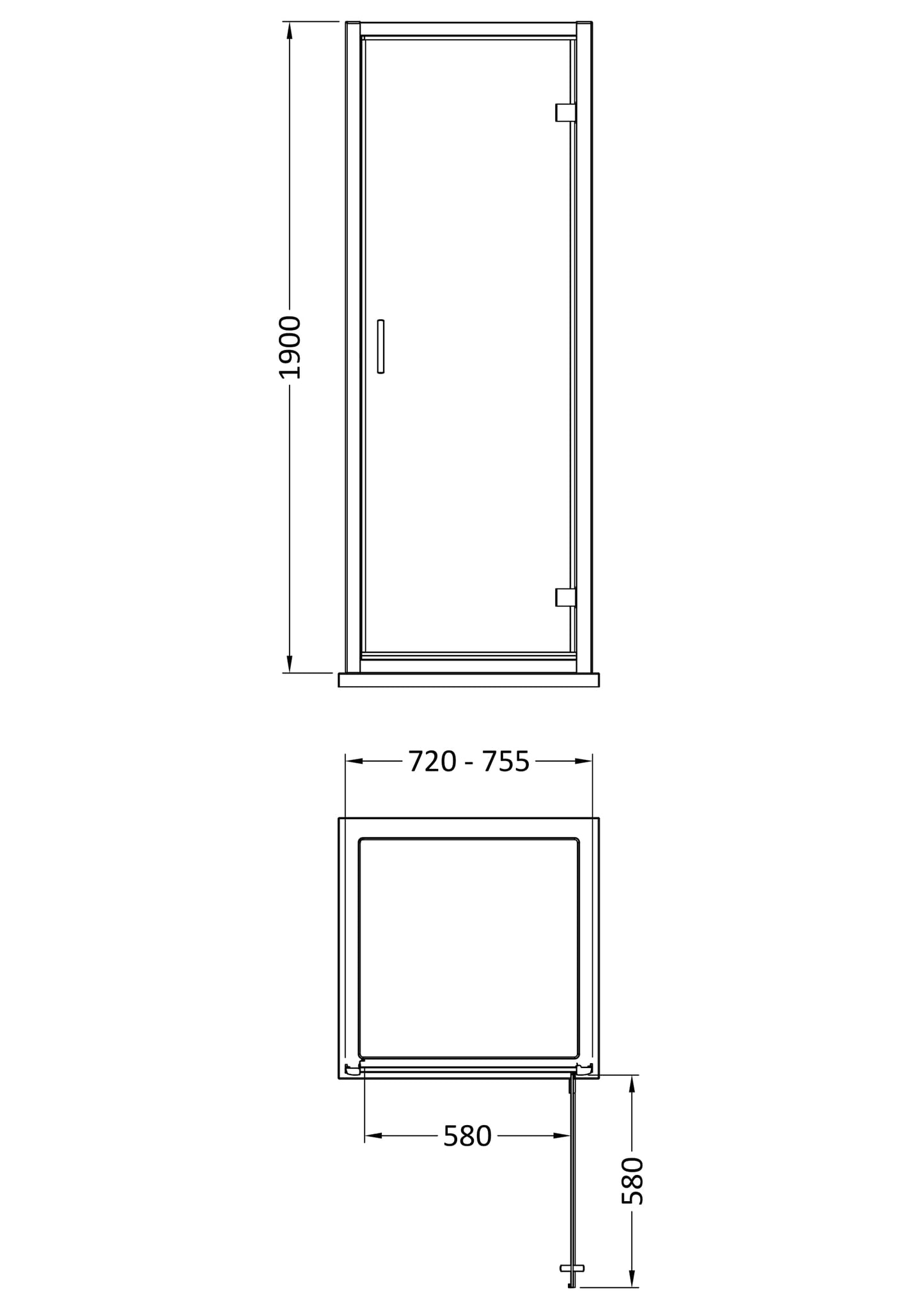 NUIE 1900 x 760mm Hinged Shower Door