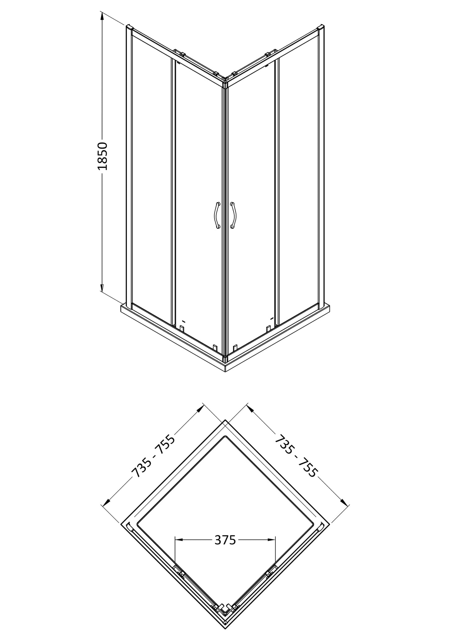NUIE 1850 x 760mm Corner Entry Shower Enclosure
