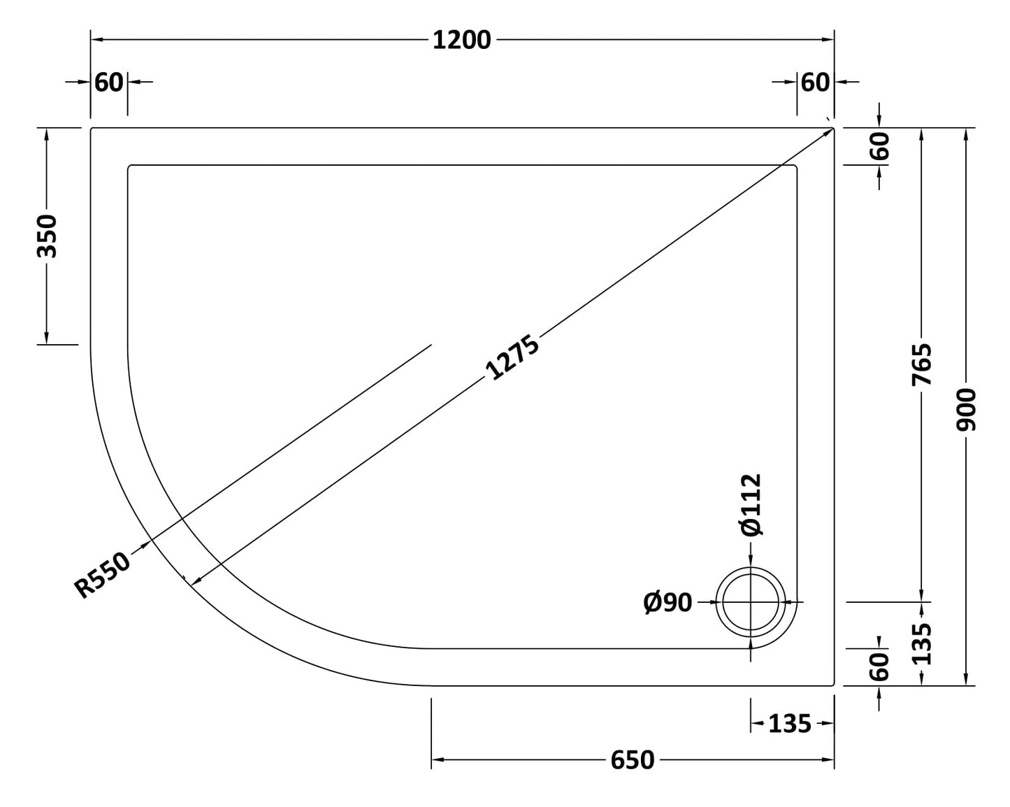 NUIE Offset Quadrant Shower Tray LH 1200 x 900mm