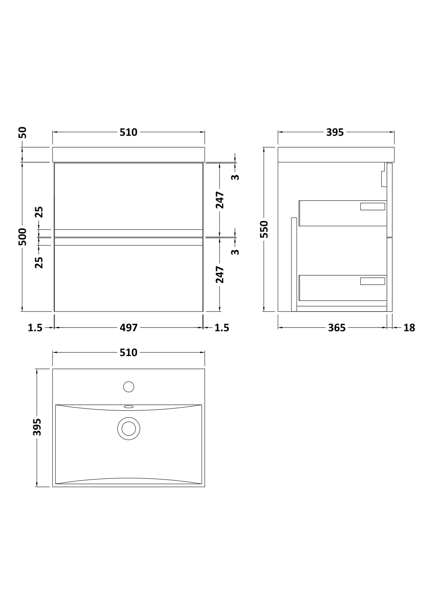 Hudson Reed 500mm Wall Hung 2-Drawer Vanity Unit & Basin 3