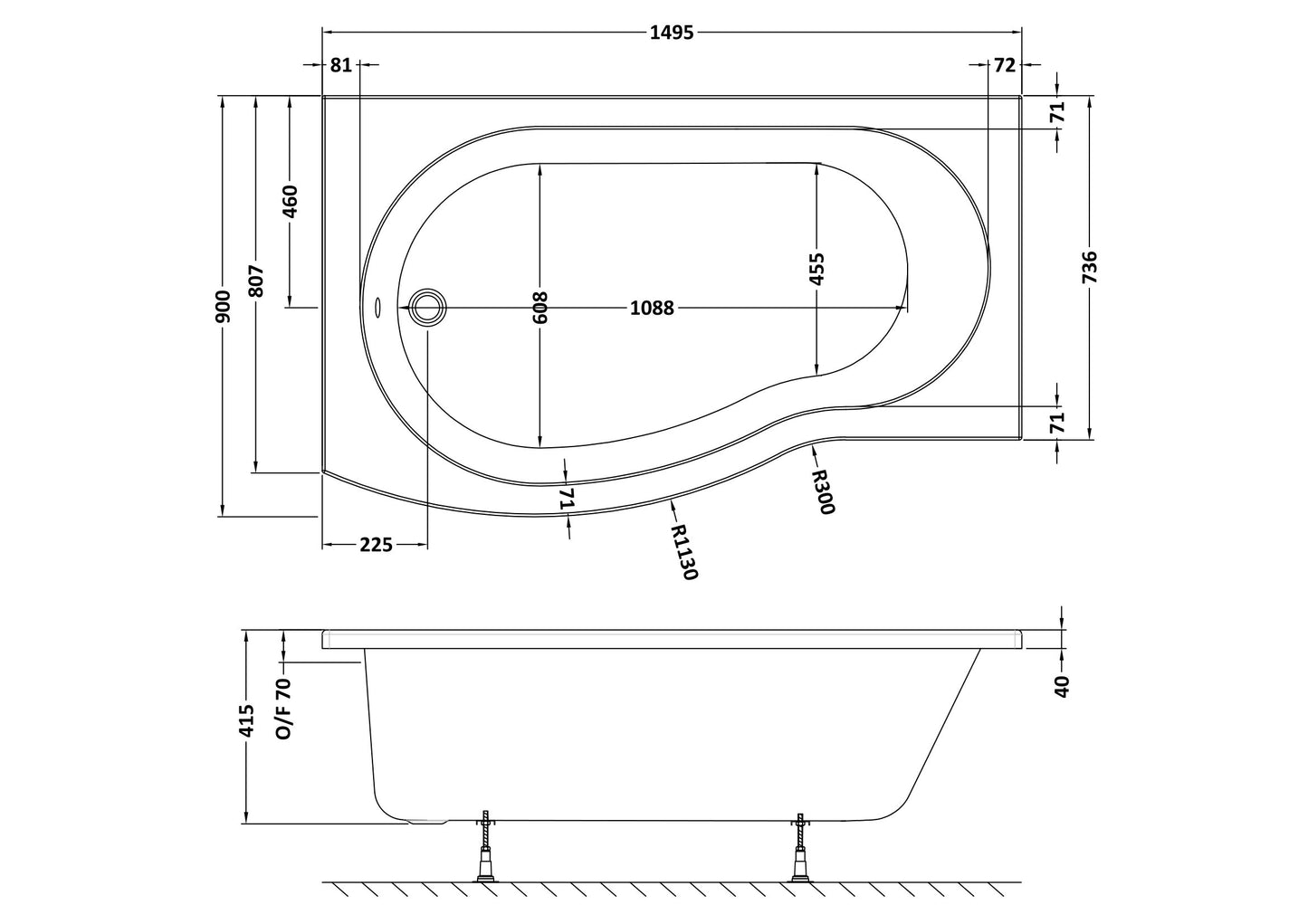 NUIE 1500mm Left Hand B-Shaped Bath