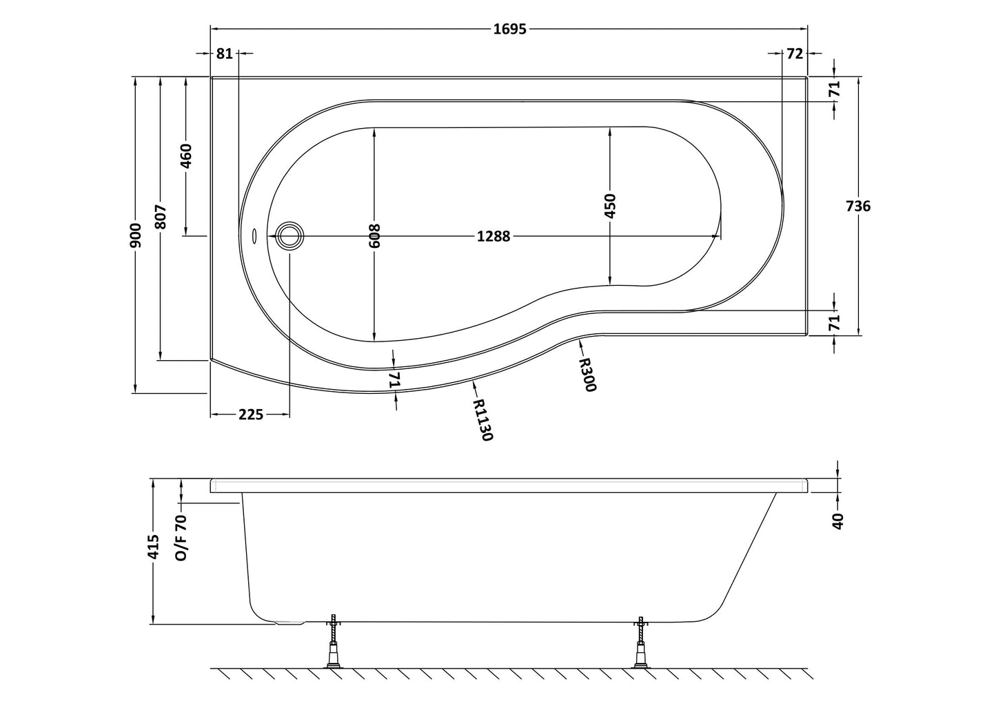 NUIE 1700mm Left Hand B-Shaped Bath