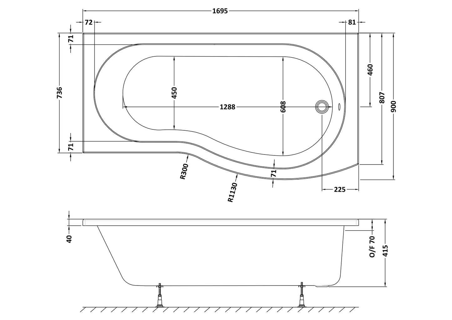 NUIE 1700mm Right Hand B-Shaped Bath