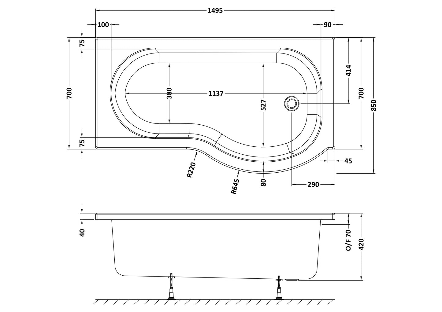 NUIE 1500mm Right Hand P-Shaped Bath