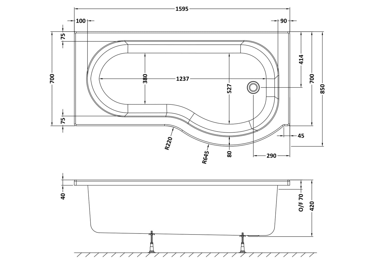 NUIE 1600mm Right Hand P-Shaped Bath