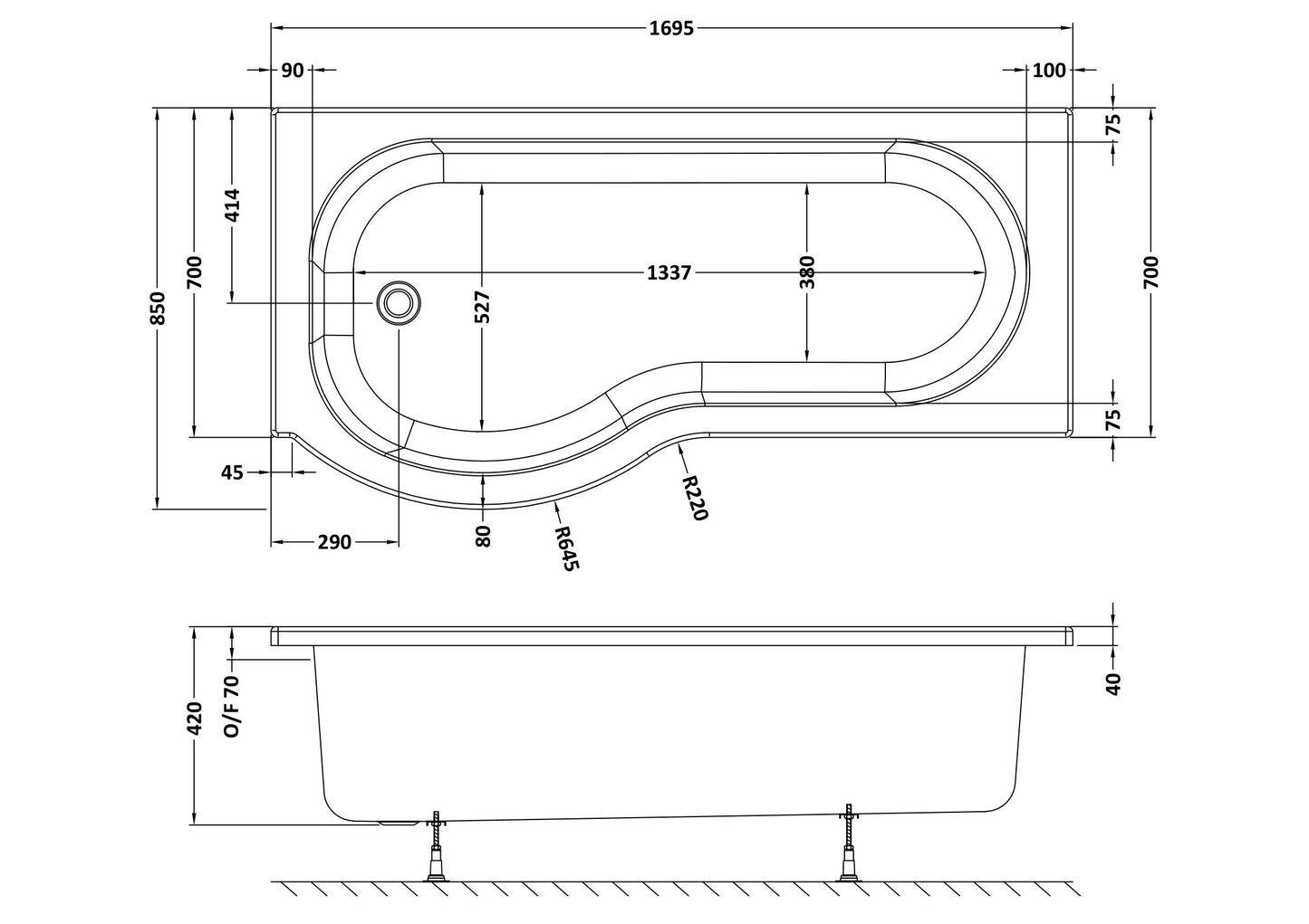 NUIE 1700mm Left Hand P-Shaped Bath