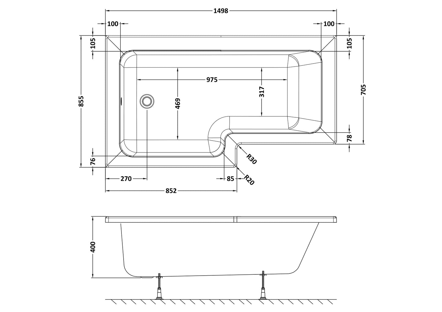 NUIE 1500mm Left Hand Square Shower Bath