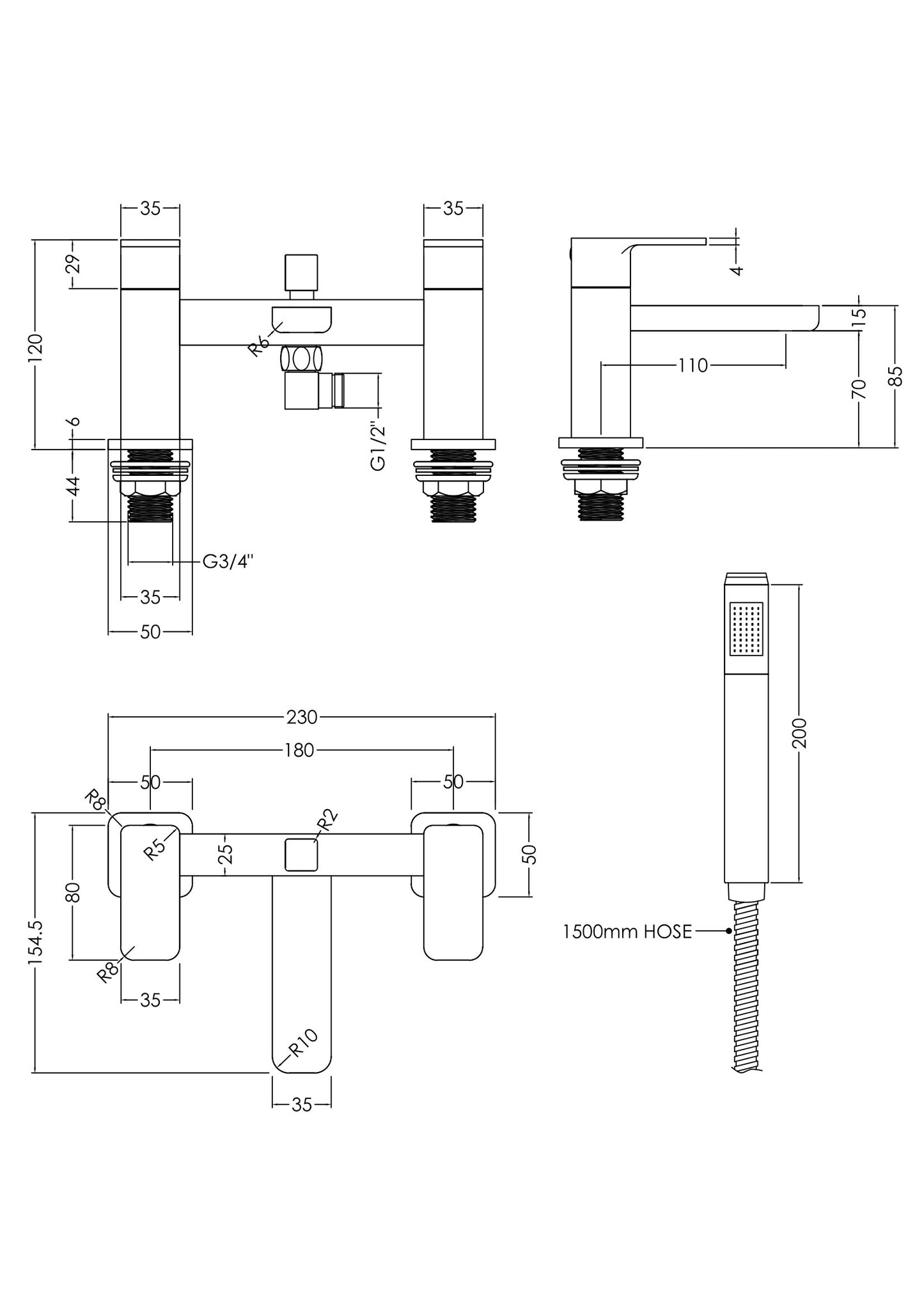 NUIE Deck Mounted Bath Shower Mixer With Kit