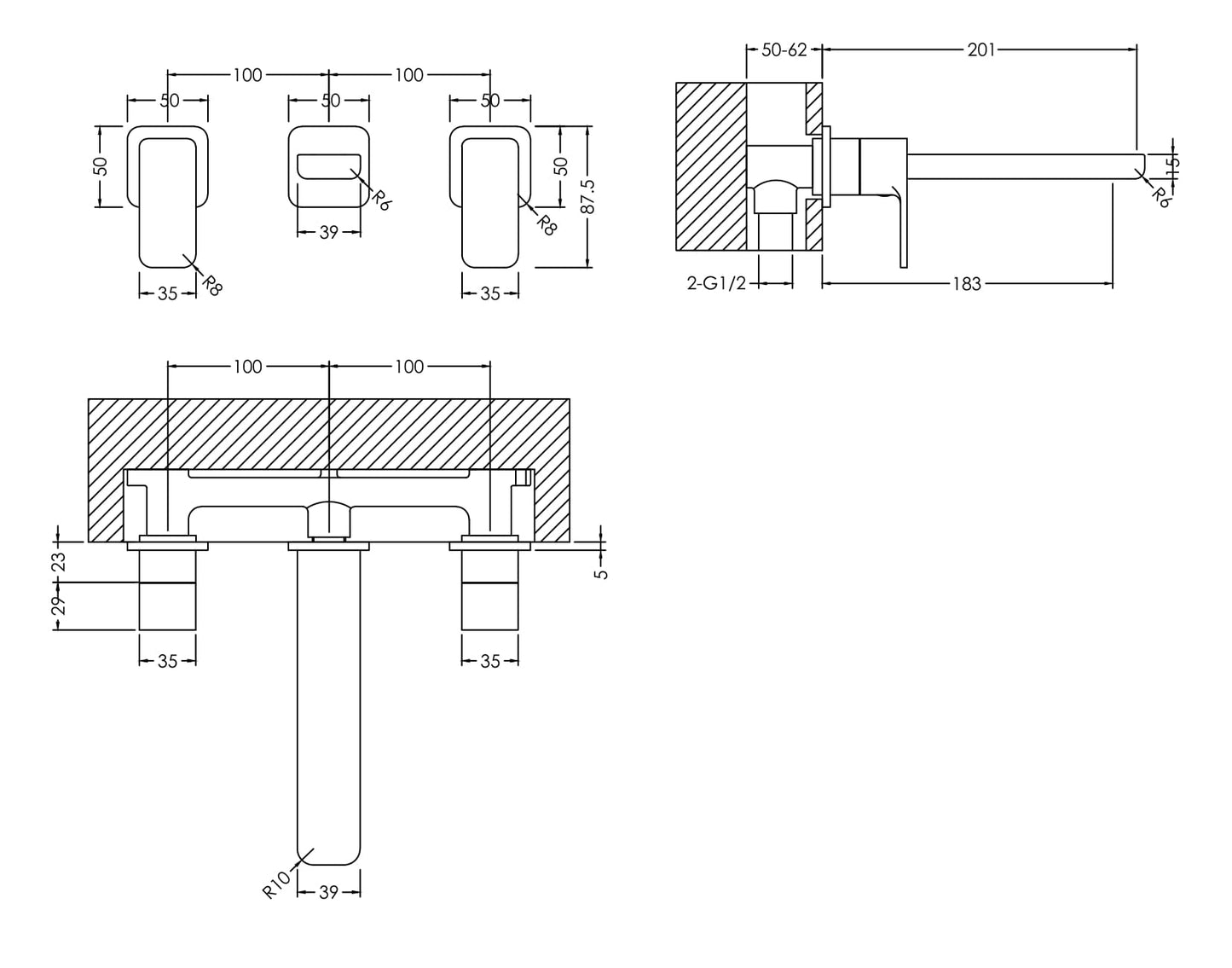 NUIE Wall Mounted 3 Tap Hole Basin Mixer