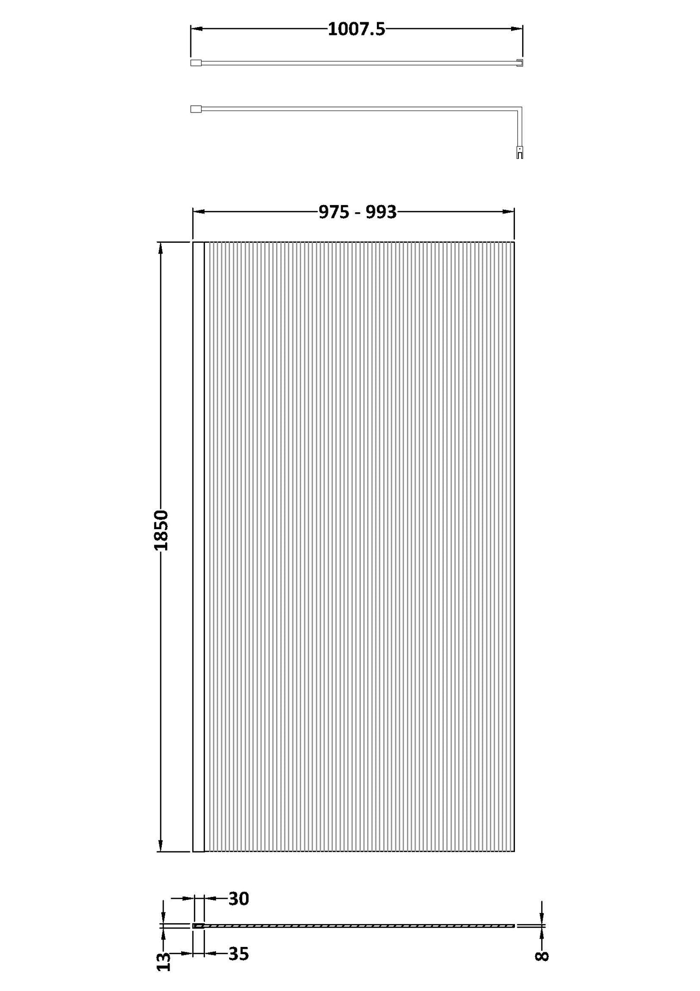 NUIE 1000x1850 Fluted Wetroom Screen Inc' BAR