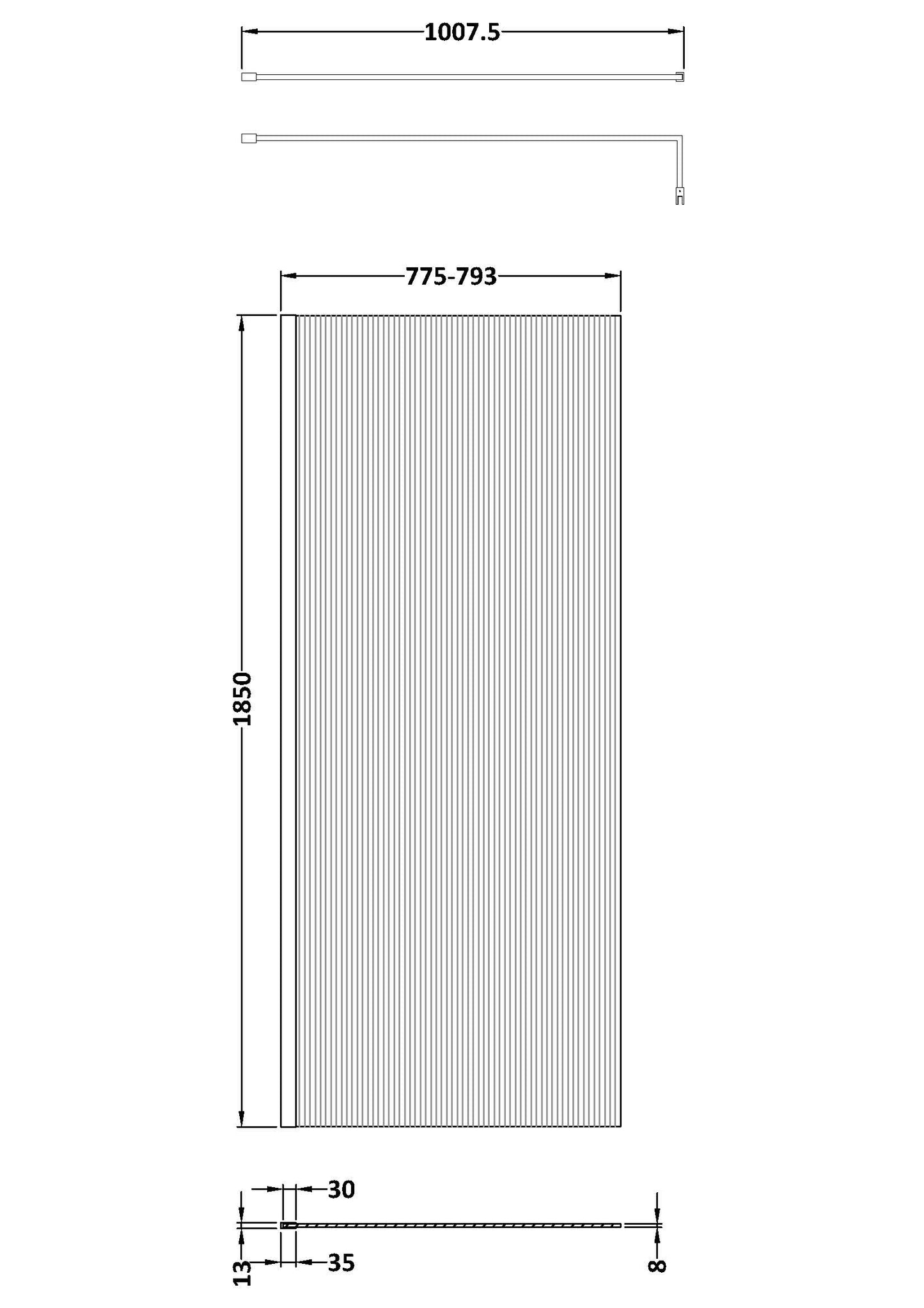 NUIE Fluted Wetroom Screen - 1850x800mm - Brushed Pewter