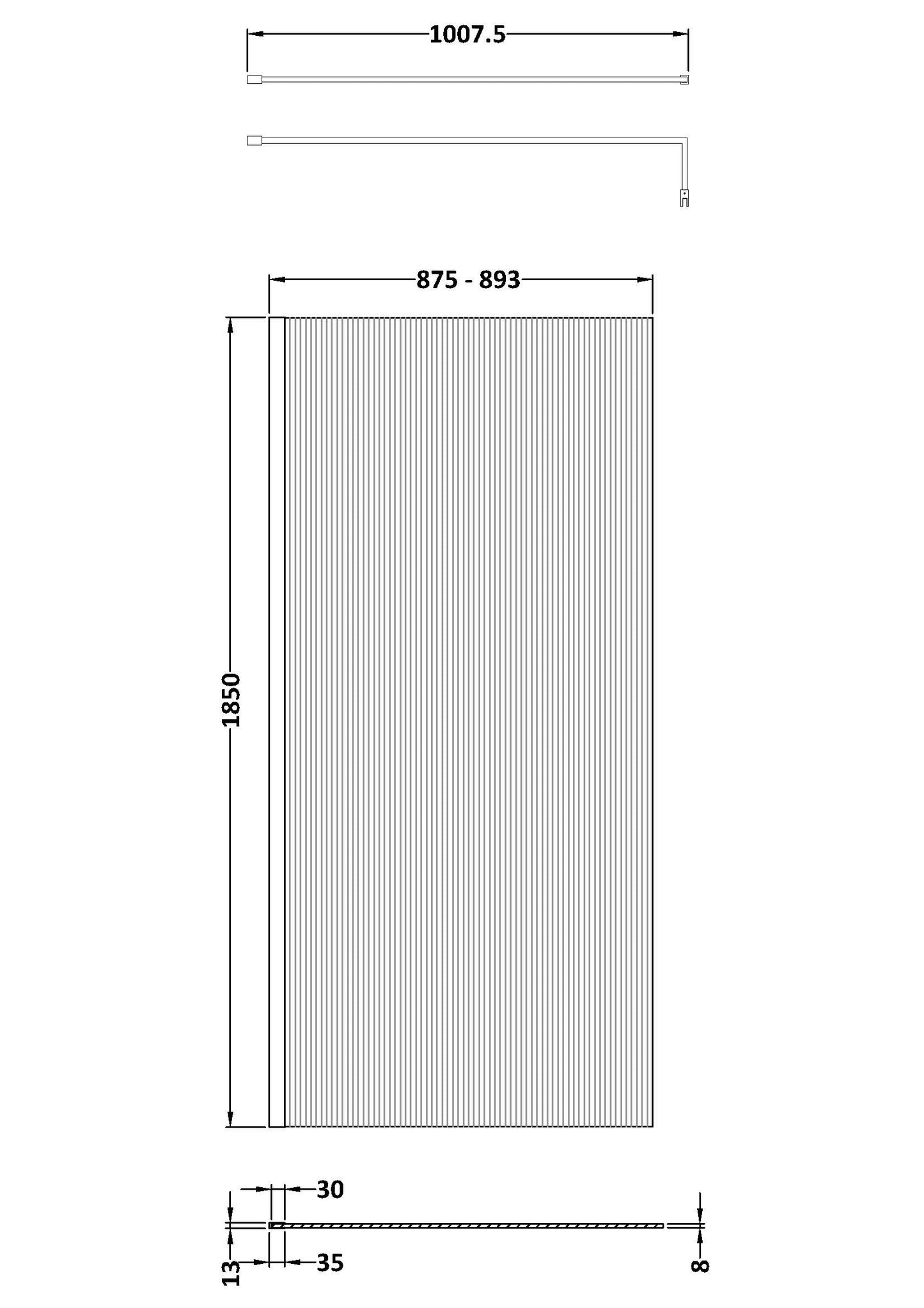 NUIE Fluted Wetroom Screen - 1850x900mm - Brushed Pewter