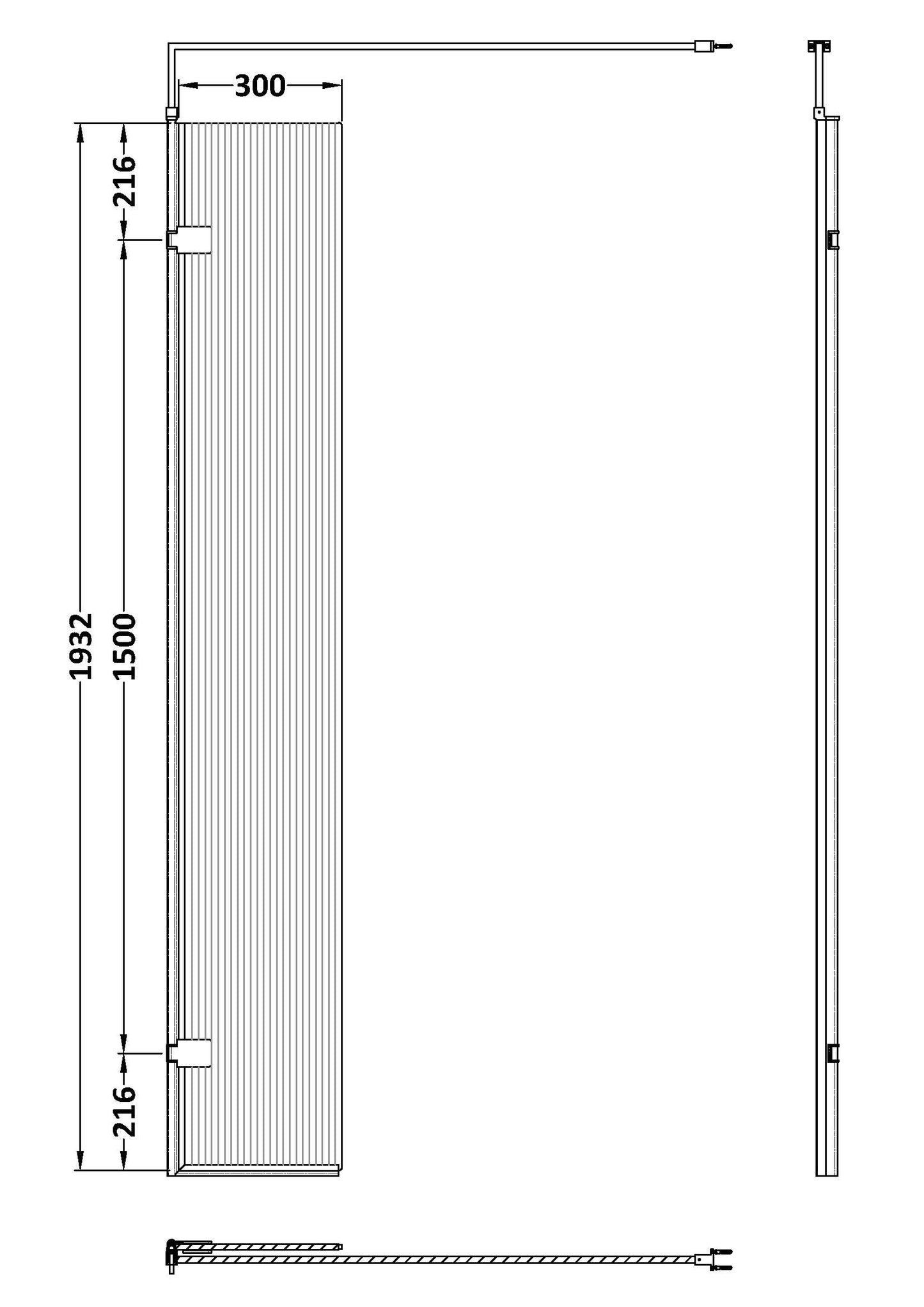 Hudson Reed 300x1950 Fluted Hinged Screen with Support Bar