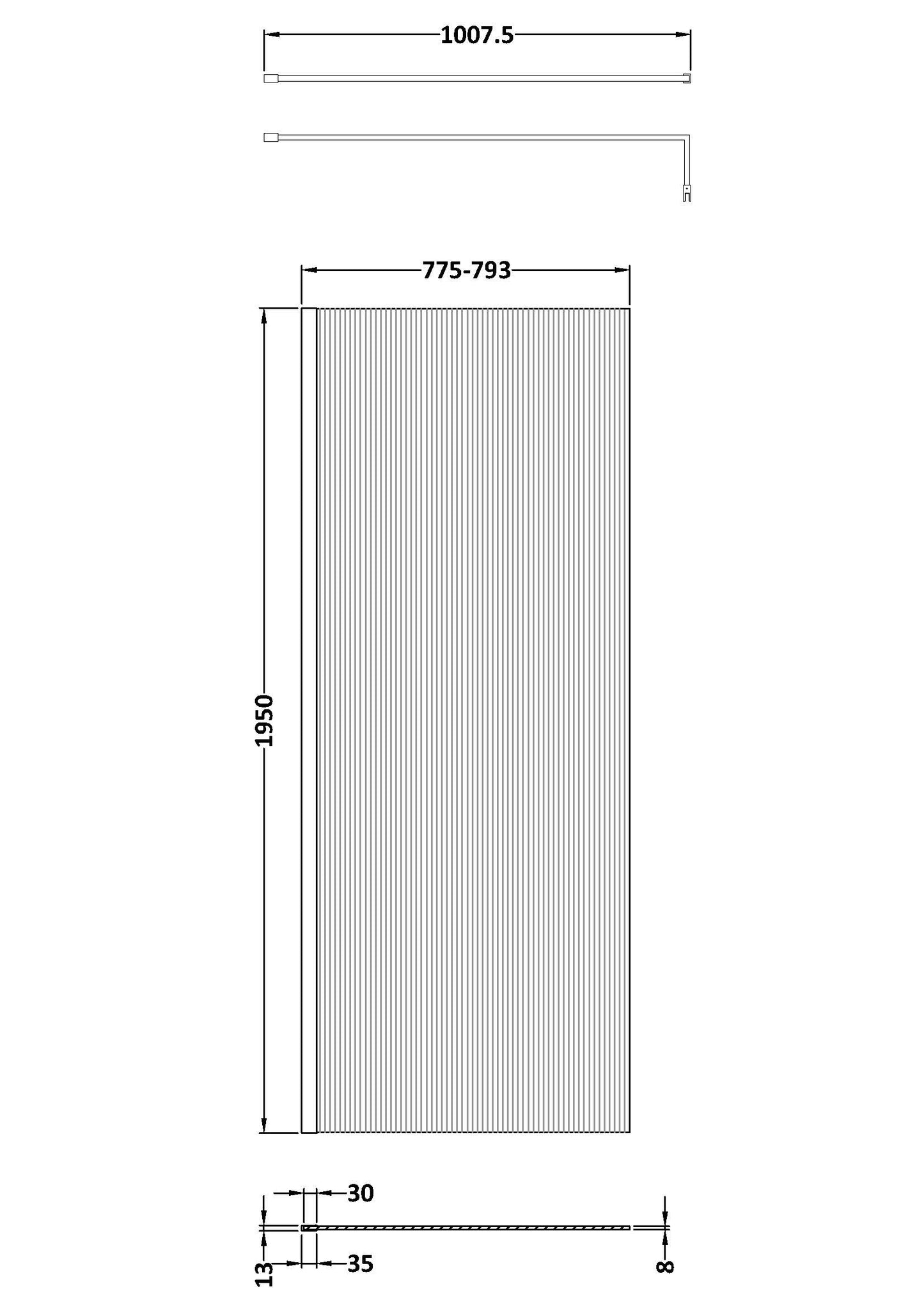Hudson Reed 800mm Fluted Wetroom Screen with Support Bar